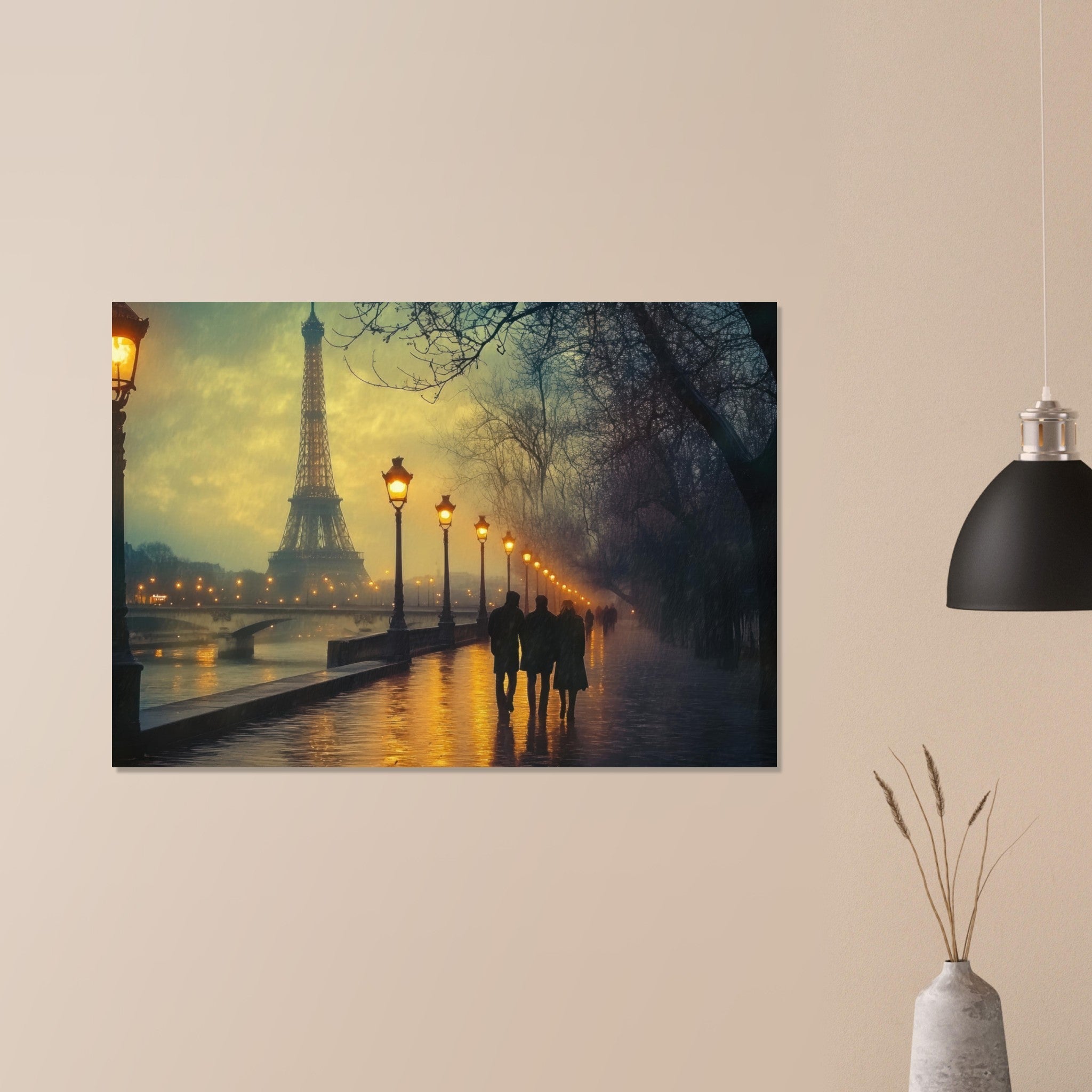 Aluminum Print Landscape - Evening Stroll Along the Seine A romantic river - Shop Ai Art WebShop - Digital Art online Store
