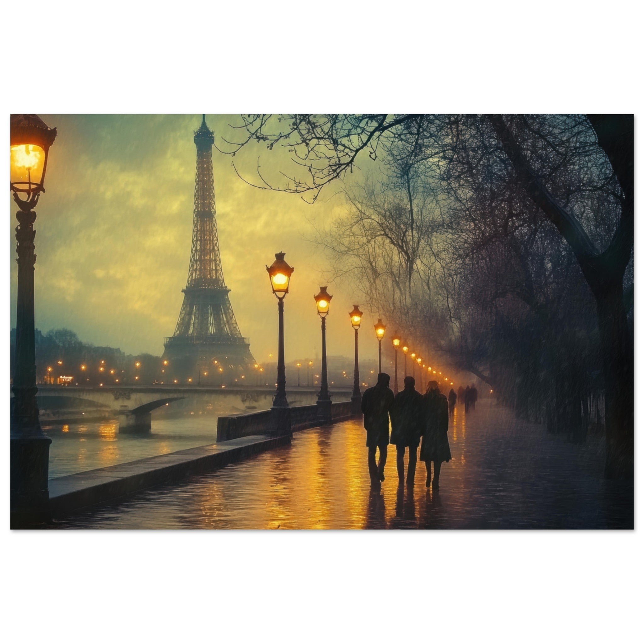 Aluminum Print Landscape - Evening Stroll Along the Seine A romantic river - Shop Ai Art WebShop - Digital Art online Store