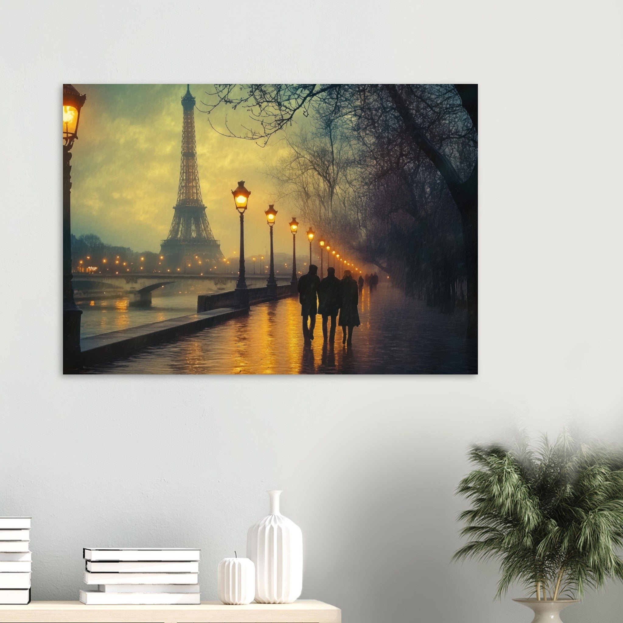 Aluminum Print Landscape - Evening Stroll Along the Seine A romantic river - Shop Ai Art WebShop - Digital Art online Store