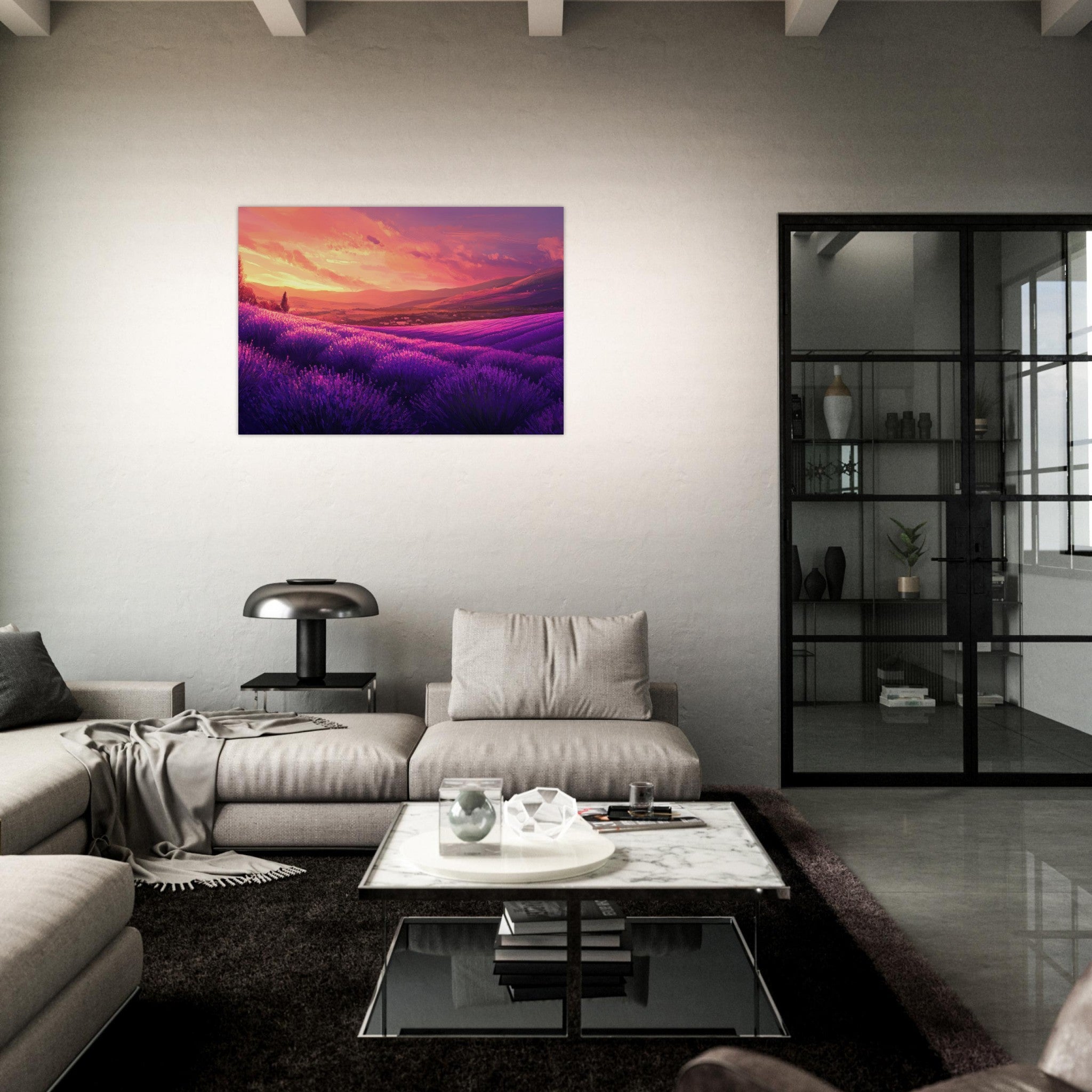 Aluminum Print Landscape - Rolling lavender fields under a pink - hued sunset 2 - Shop Ai Art WebShop - Digital Art online Store