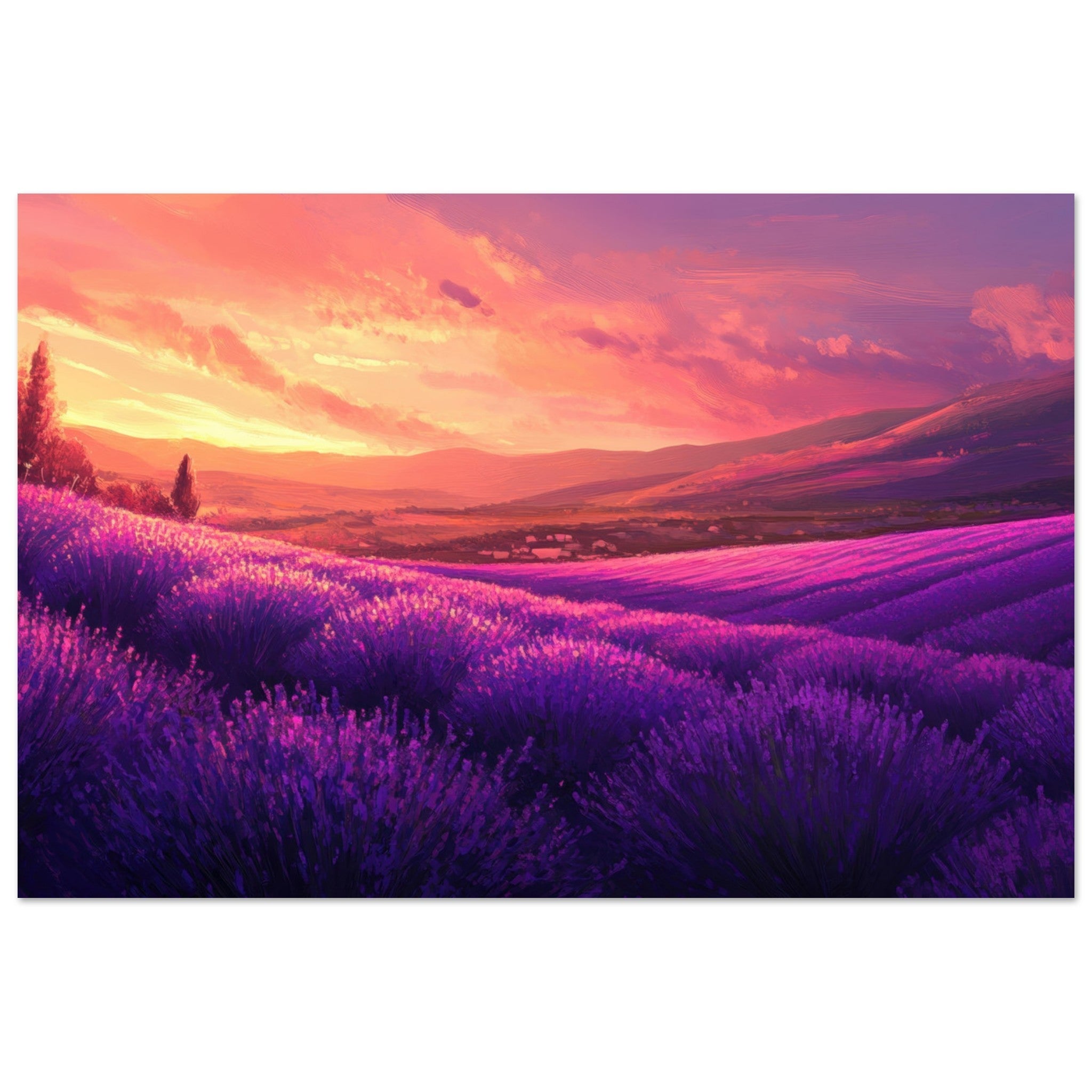 Aluminum Print Landscape - Rolling lavender fields under a pink - hued sunset 2 - Shop Ai Art WebShop - Digital Art online Store
