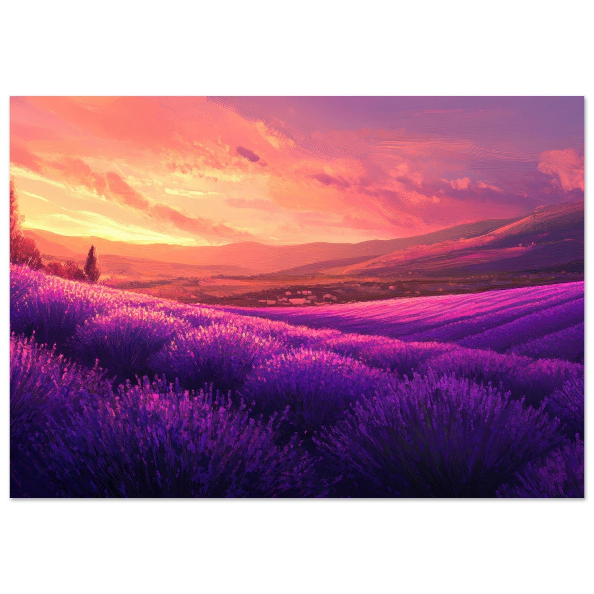 Aluminum Print Landscape - Rolling lavender fields under a pink - hued sunset 2 - Shop Ai Art WebShop - Digital Art online Store
