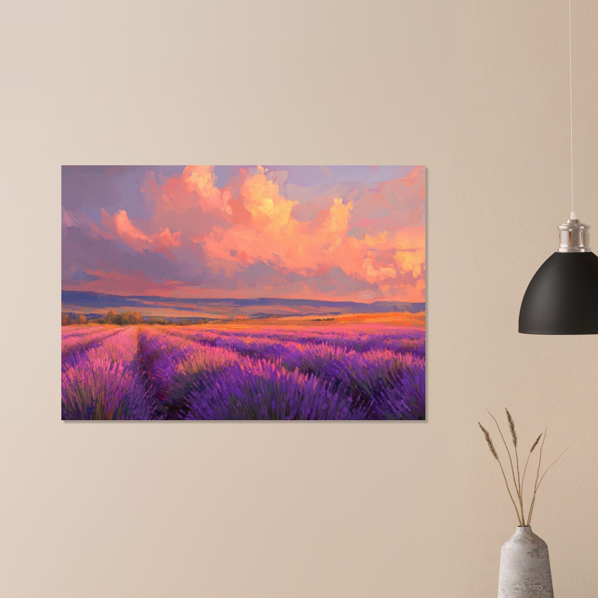 Aluminum Print Landscape - Rolling lavender fields under a pink - hued sunset - Shop Ai Art WebShop - Digital Art online Store