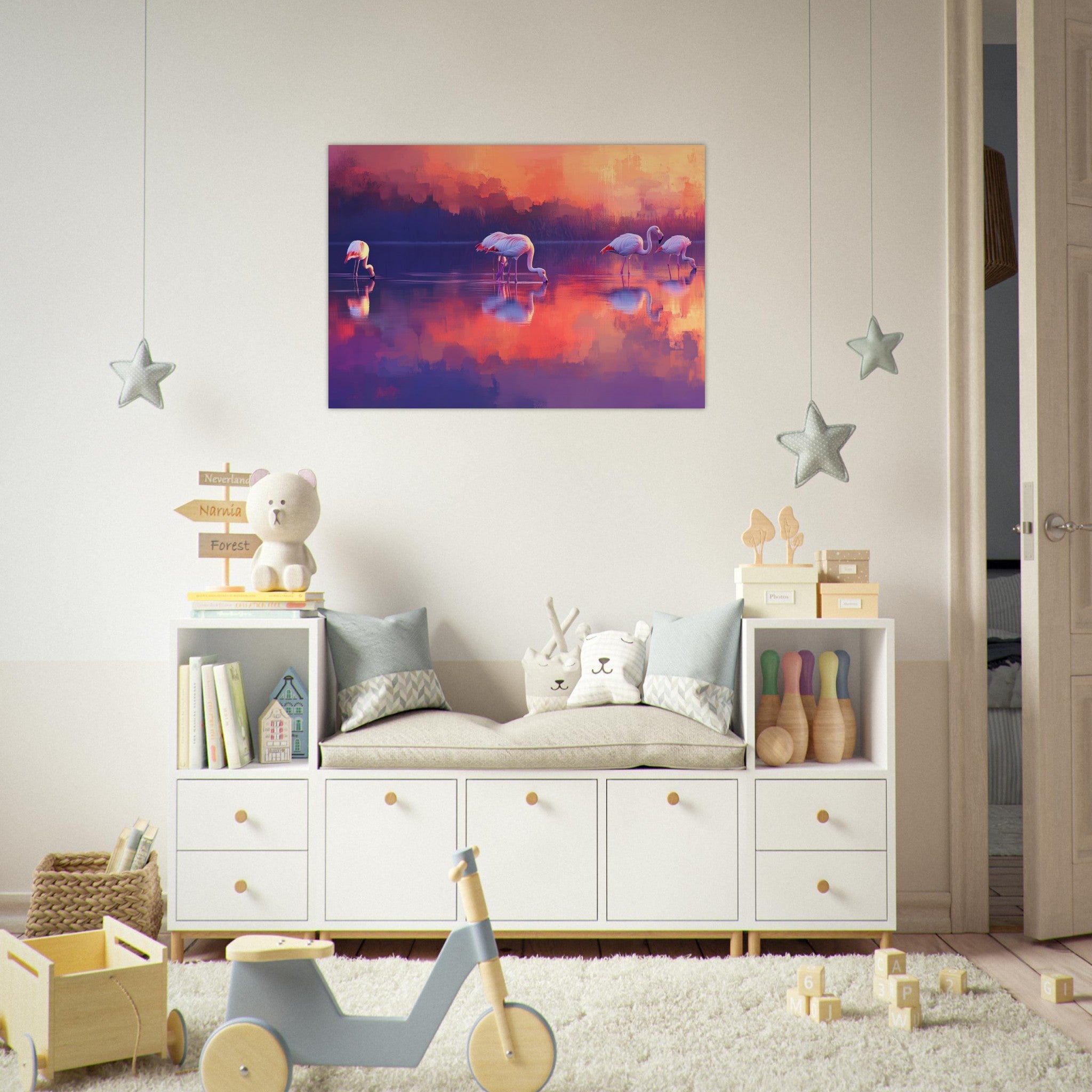 Aluminum Print Landscape - Surreal Flamingo Lake at Sunset Graceful flaming 2 - Shop Ai Art WebShop - Digital Art online Store