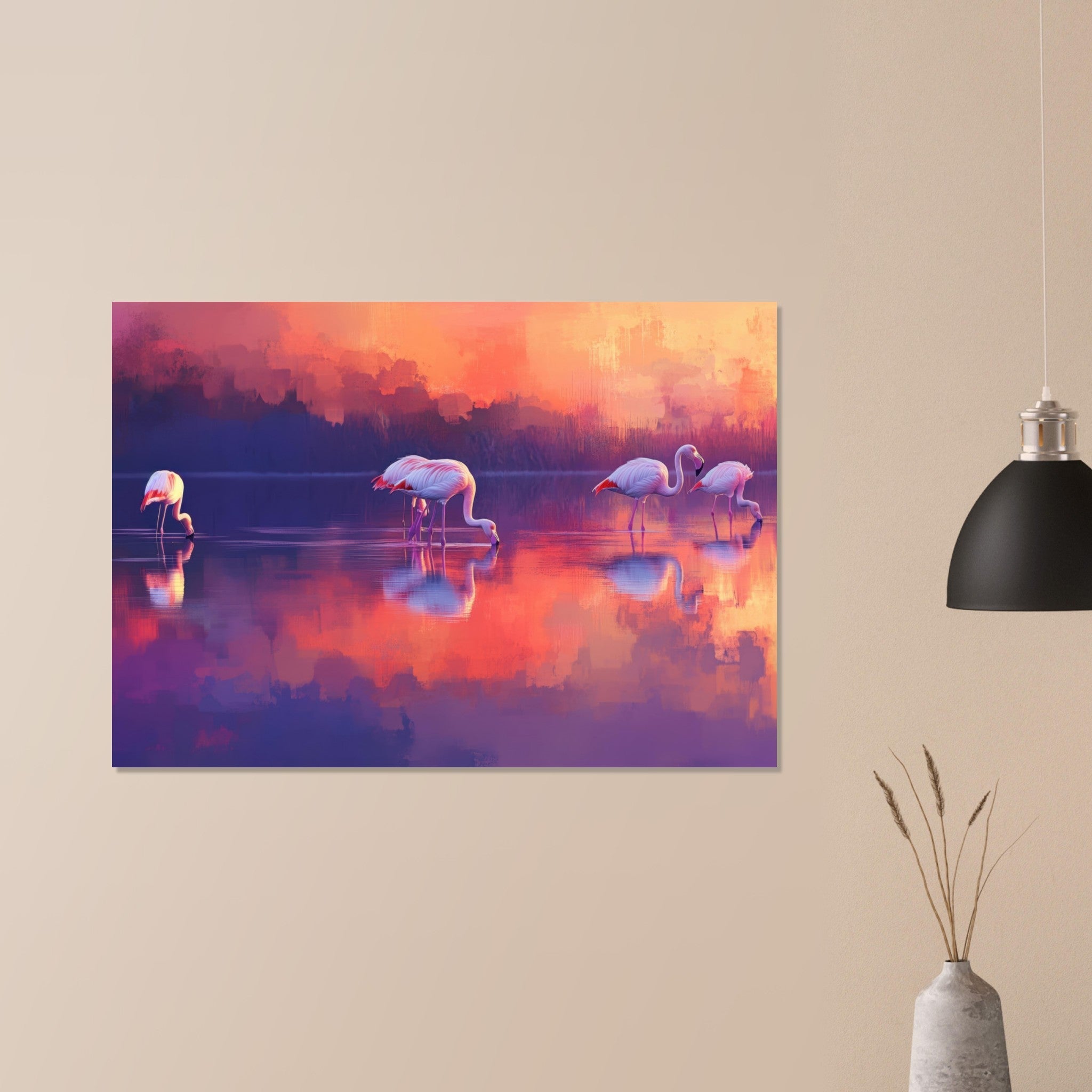 Aluminum Print Landscape - Surreal Flamingo Lake at Sunset Graceful flaming 2 - Shop Ai Art WebShop - Digital Art online Store