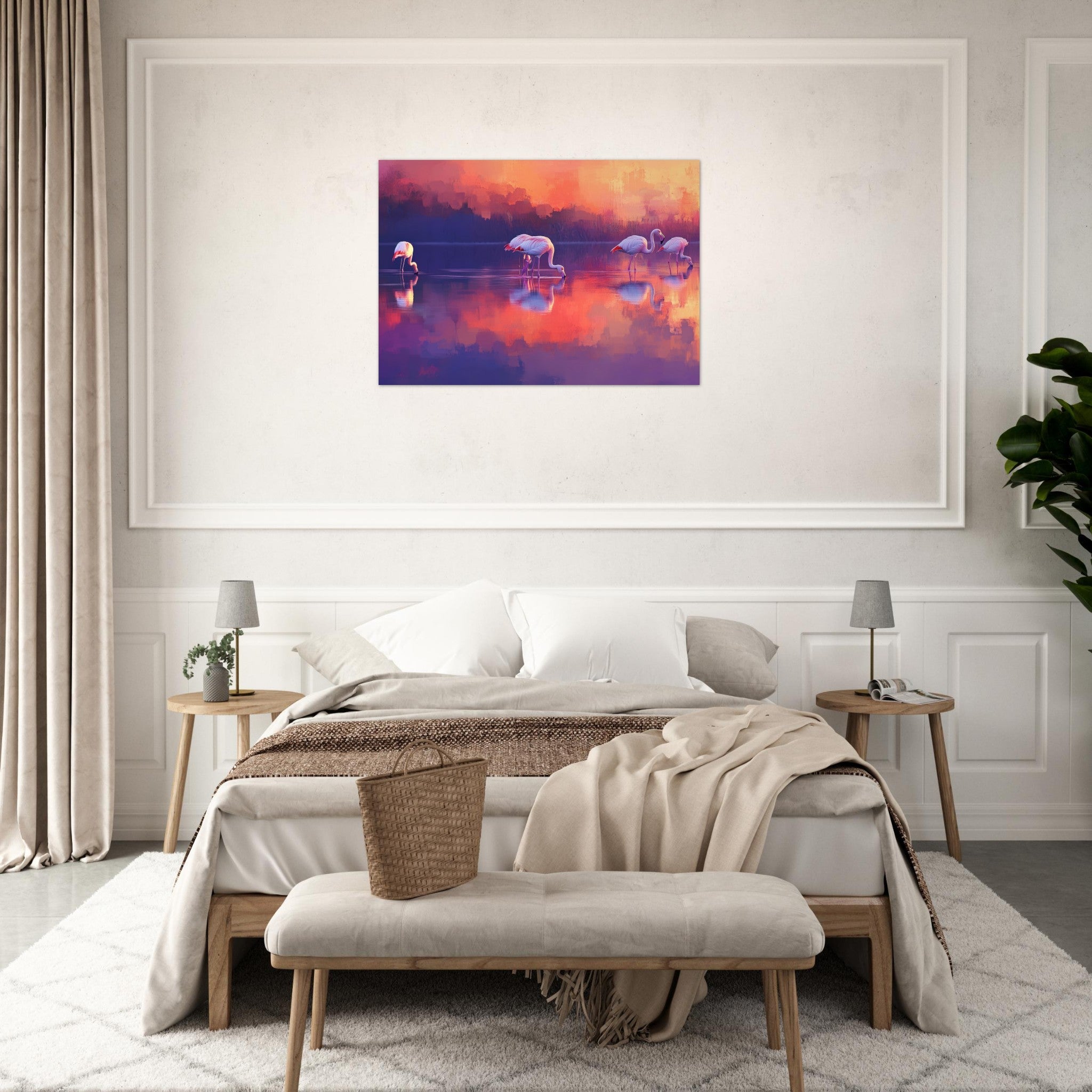 Aluminum Print Landscape - Surreal Flamingo Lake at Sunset Graceful flaming 2 - Shop Ai Art WebShop - Digital Art online Store