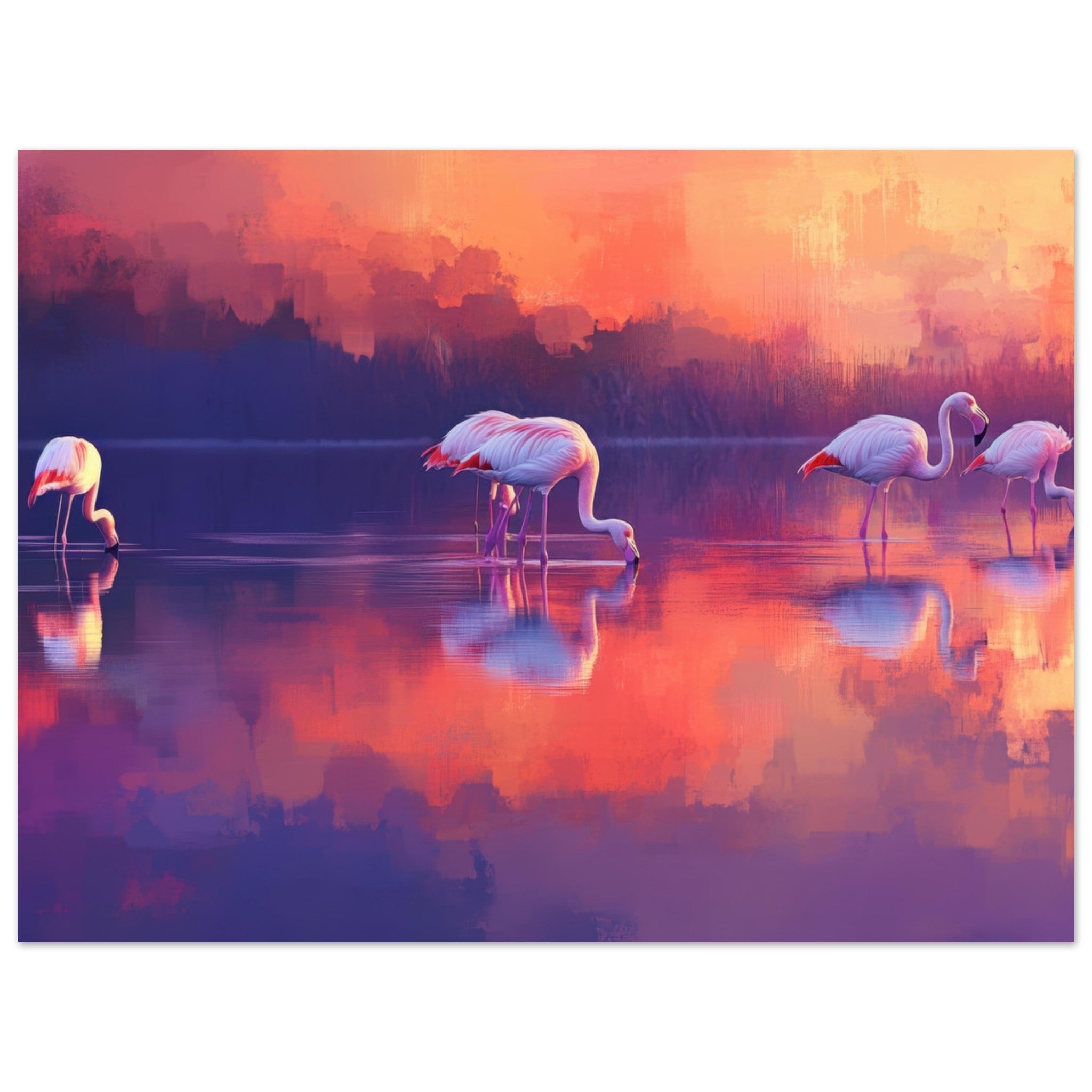 Aluminum Print Landscape - Surreal Flamingo Lake at Sunset Graceful flaming 2 - Shop Ai Art WebShop - Digital Art online Store