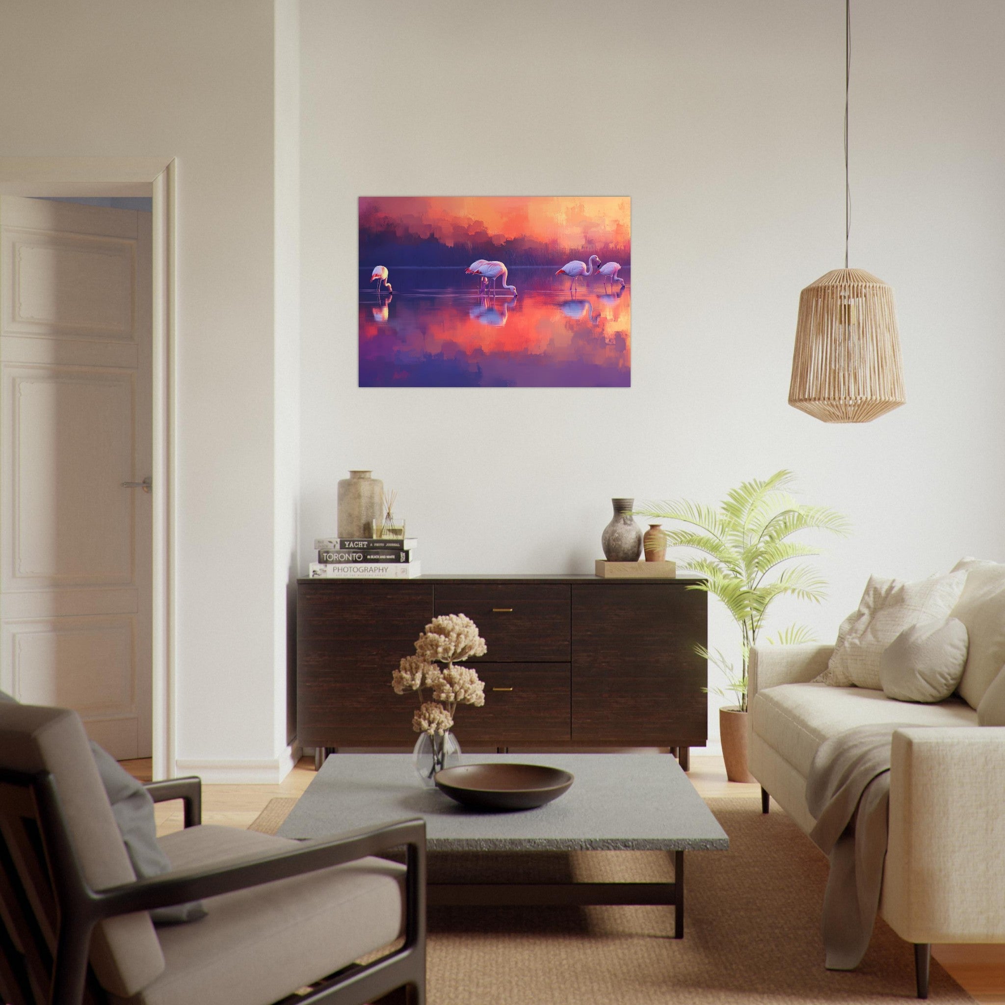 Aluminum Print Landscape - Surreal Flamingo Lake at Sunset Graceful flaming 2 - Shop Ai Art WebShop - Digital Art online Store