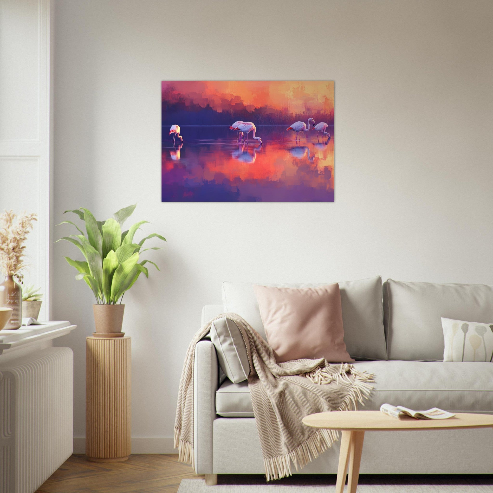 Aluminum Print Landscape - Surreal Flamingo Lake at Sunset Graceful flaming 2 - Shop Ai Art WebShop - Digital Art online Store