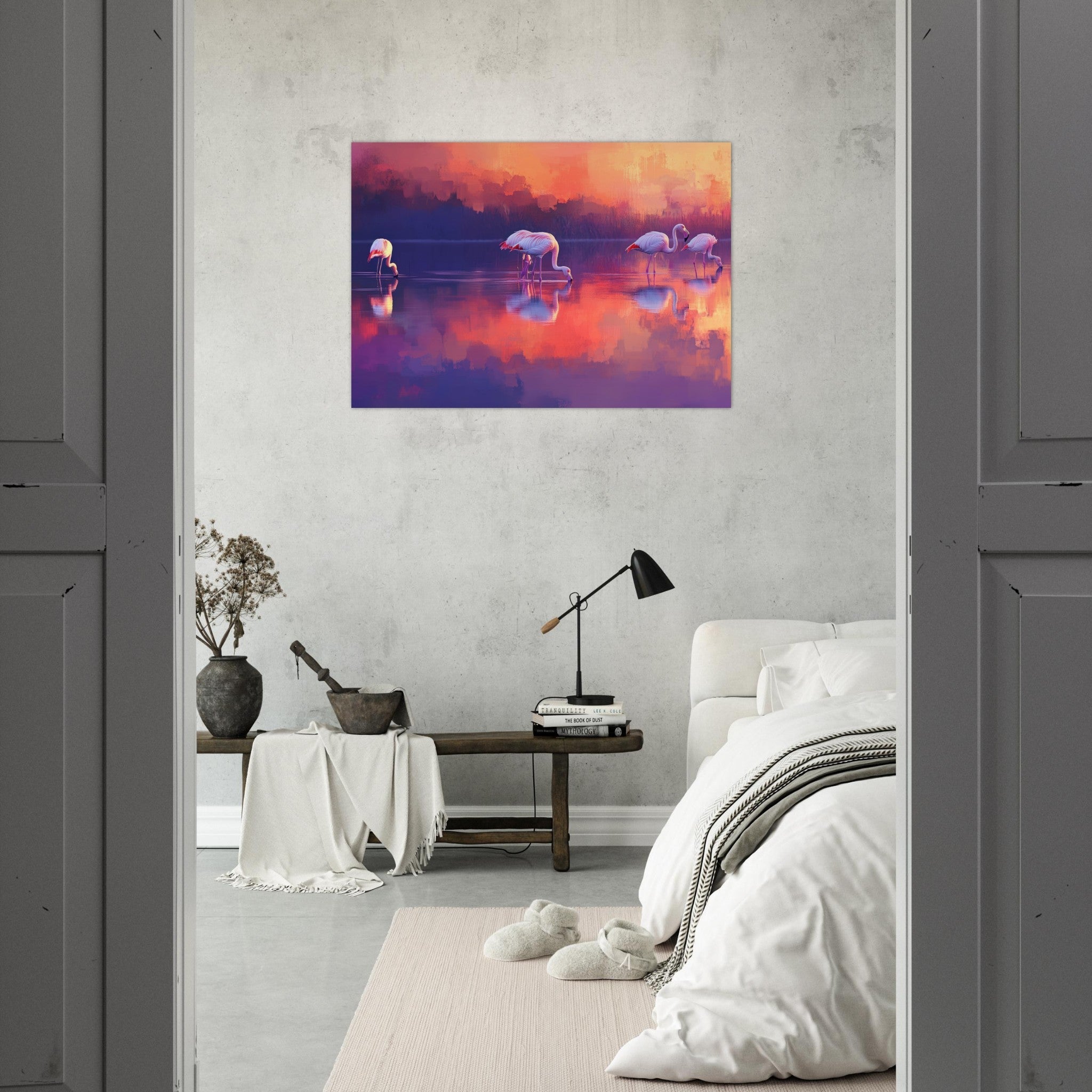 Aluminum Print Landscape - Surreal Flamingo Lake at Sunset Graceful flaming 2 - Shop Ai Art WebShop - Digital Art online Store