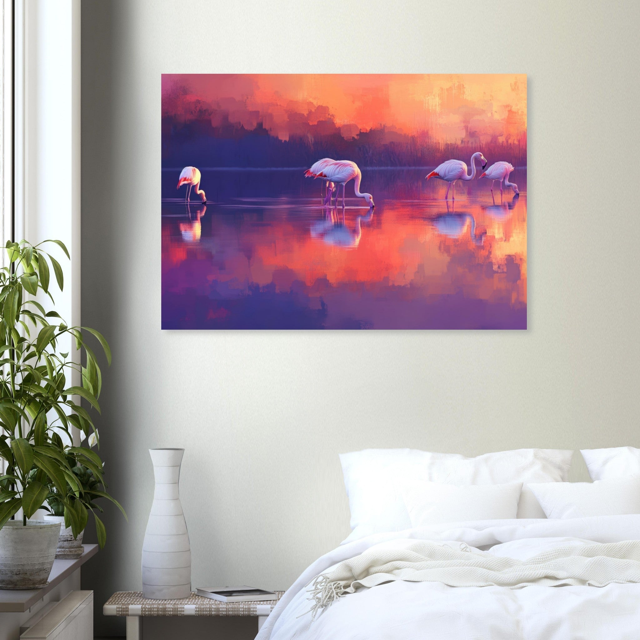 Aluminum Print Landscape - Surreal Flamingo Lake at Sunset Graceful flaming 2 - Shop Ai Art WebShop - Digital Art online Store