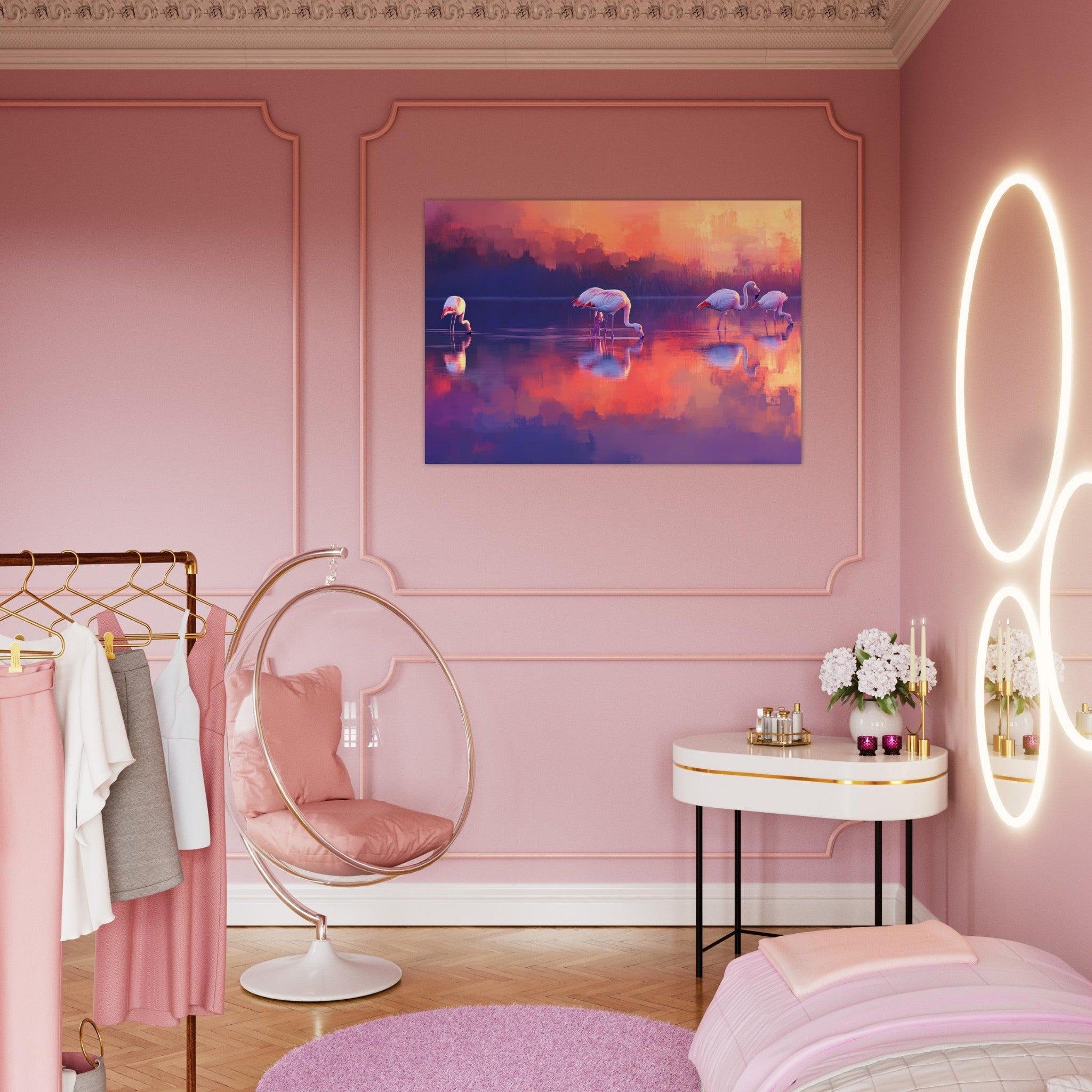 Aluminum Print Landscape - Surreal Flamingo Lake at Sunset Graceful flaming 2 - Shop Ai Art WebShop - Digital Art online Store