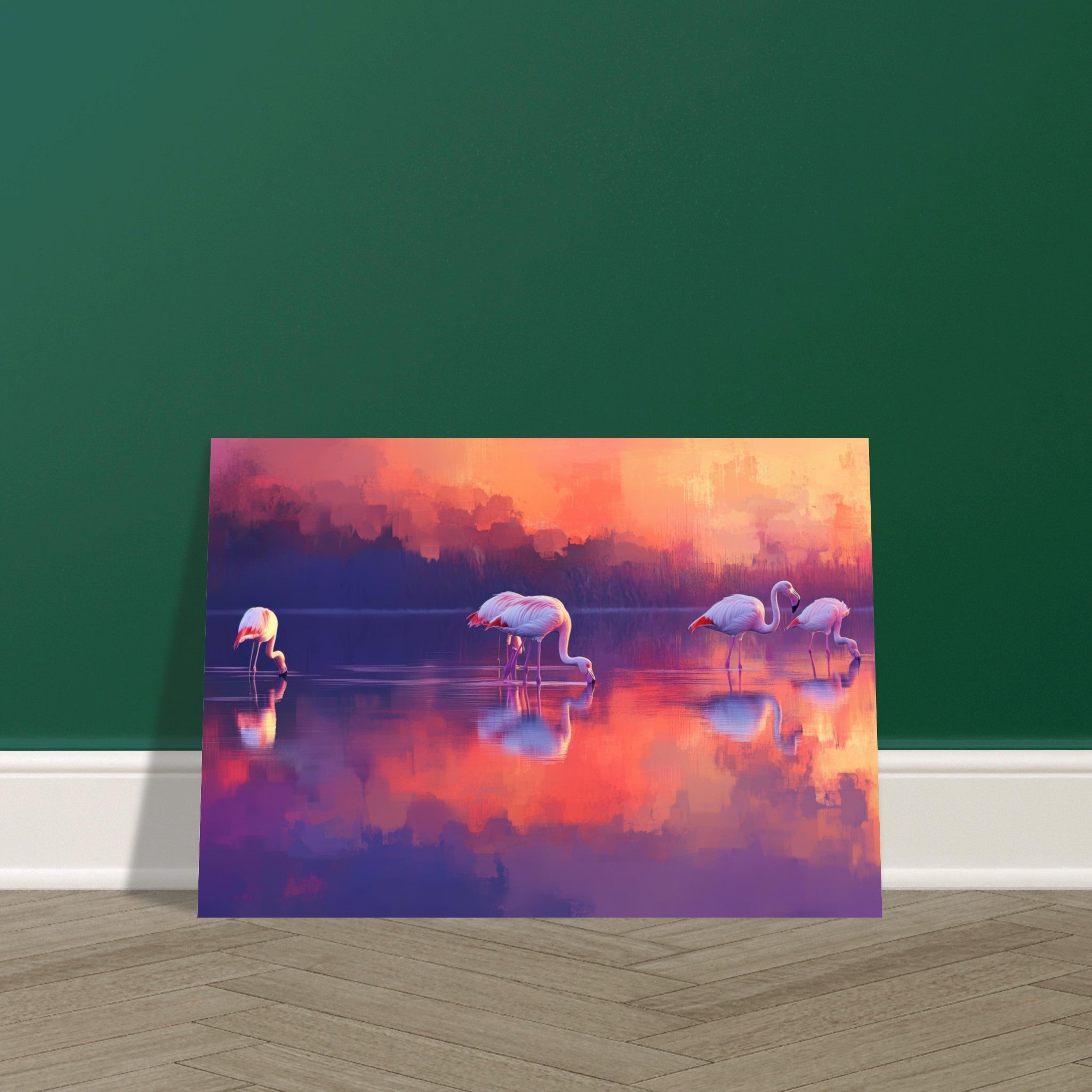 Aluminum Print Landscape - Surreal Flamingo Lake at Sunset Graceful flaming 2 - Shop Ai Art WebShop - Digital Art online Store