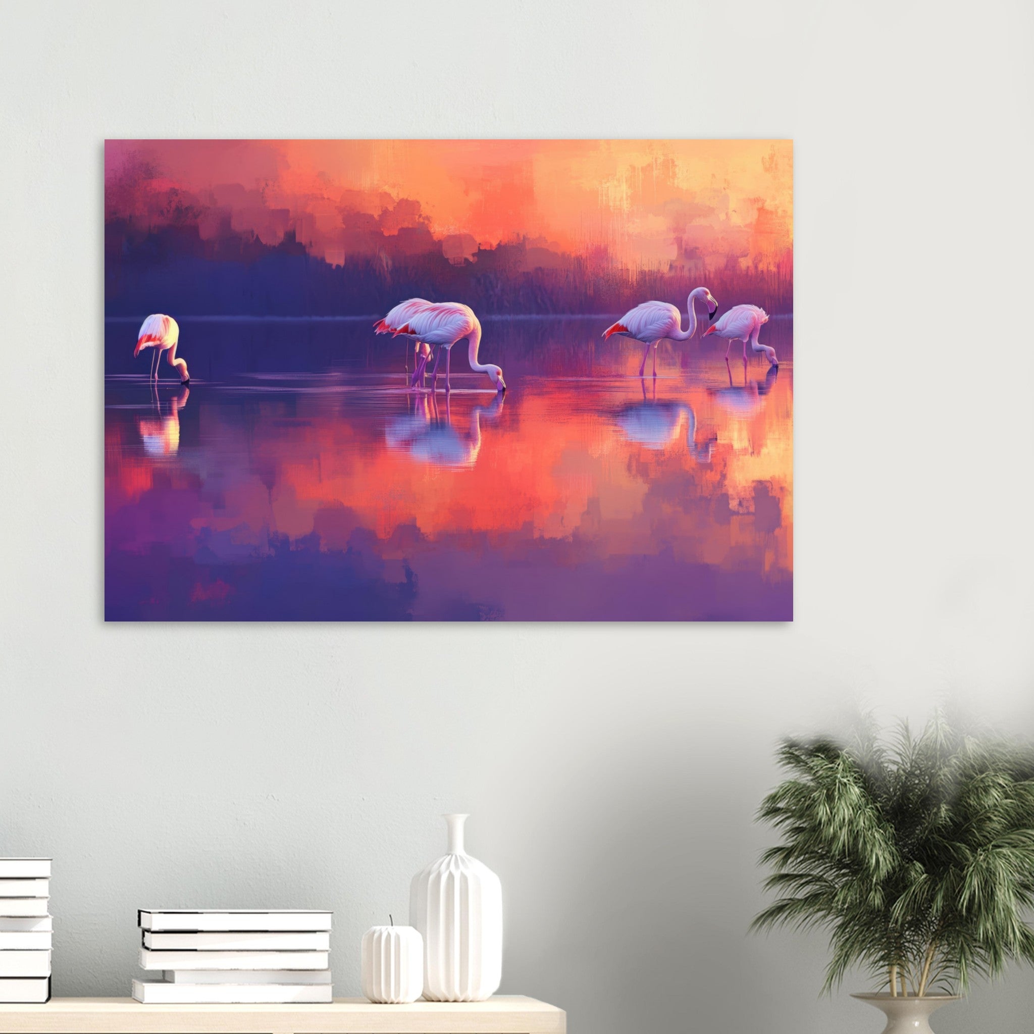 Aluminum Print Landscape - Surreal Flamingo Lake at Sunset Graceful flaming 2 - Shop Ai Art WebShop - Digital Art online Store
