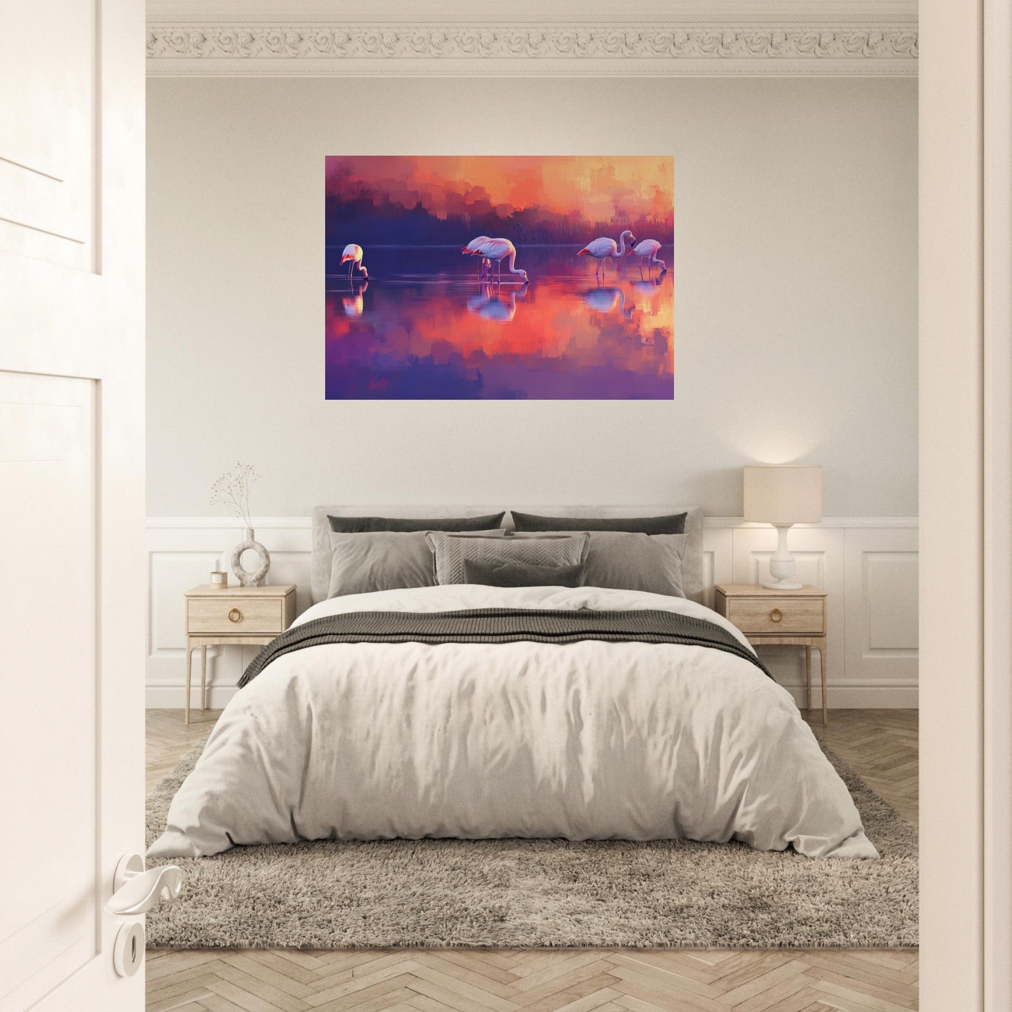 Aluminum Print Landscape - Surreal Flamingo Lake at Sunset Graceful flaming 2 - Shop Ai Art WebShop - Digital Art online Store