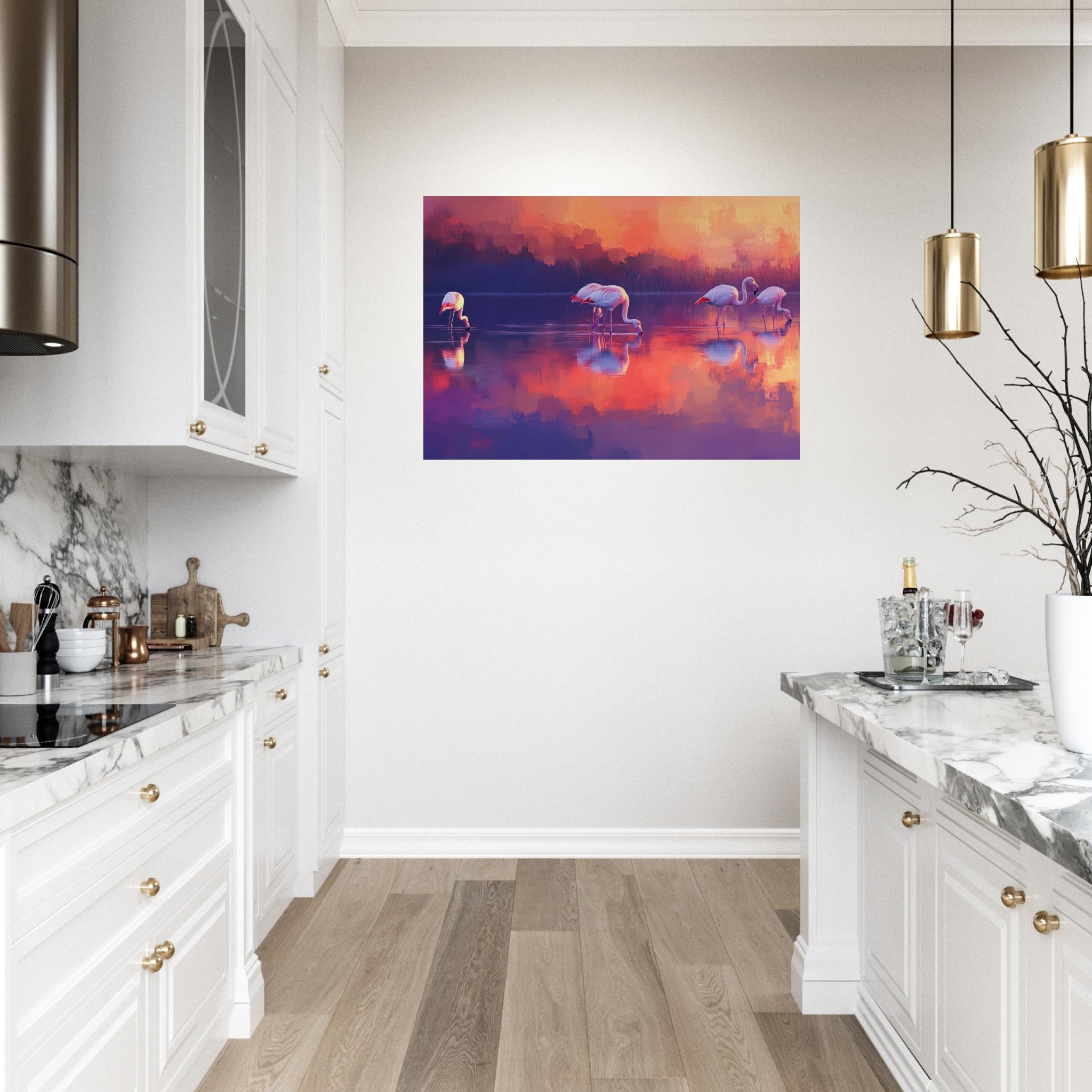 Aluminum Print Landscape - Surreal Flamingo Lake at Sunset Graceful flaming 2 - Shop Ai Art WebShop - Digital Art online Store
