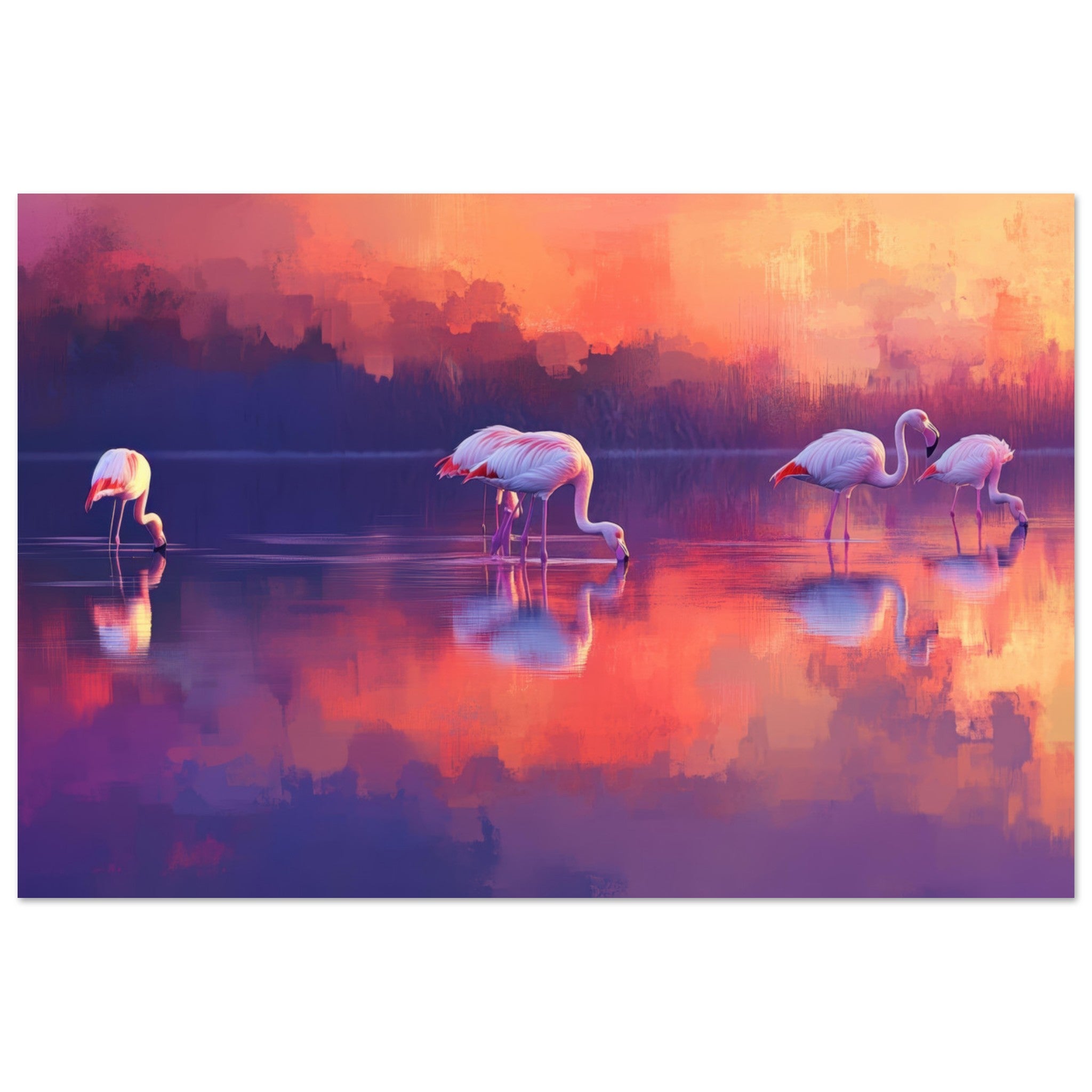 Aluminum Print Landscape - Surreal Flamingo Lake at Sunset Graceful flaming 2 - Shop Ai Art WebShop - Digital Art online Store