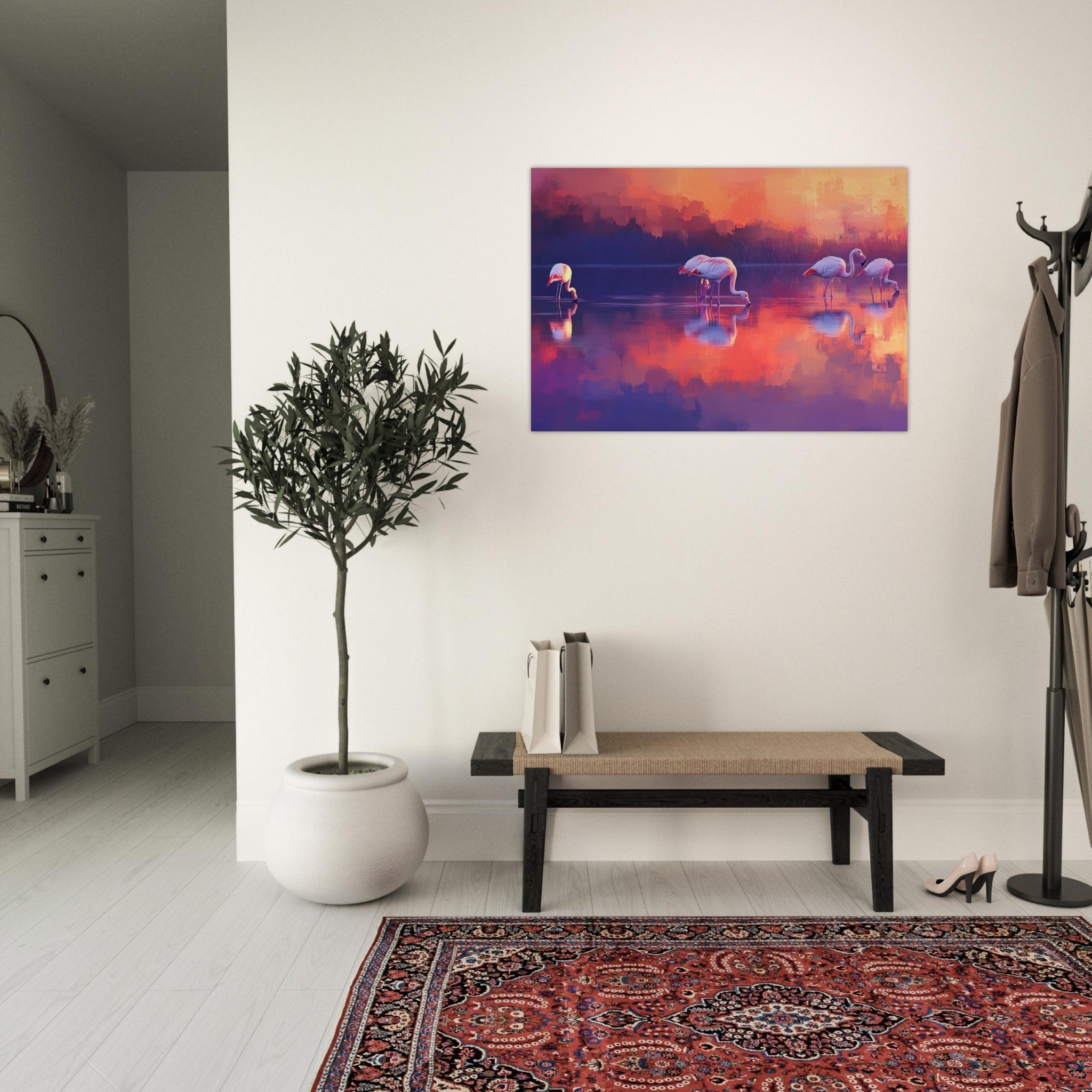 Aluminum Print Landscape - Surreal Flamingo Lake at Sunset Graceful flaming 2 - Shop Ai Art WebShop - Digital Art online Store