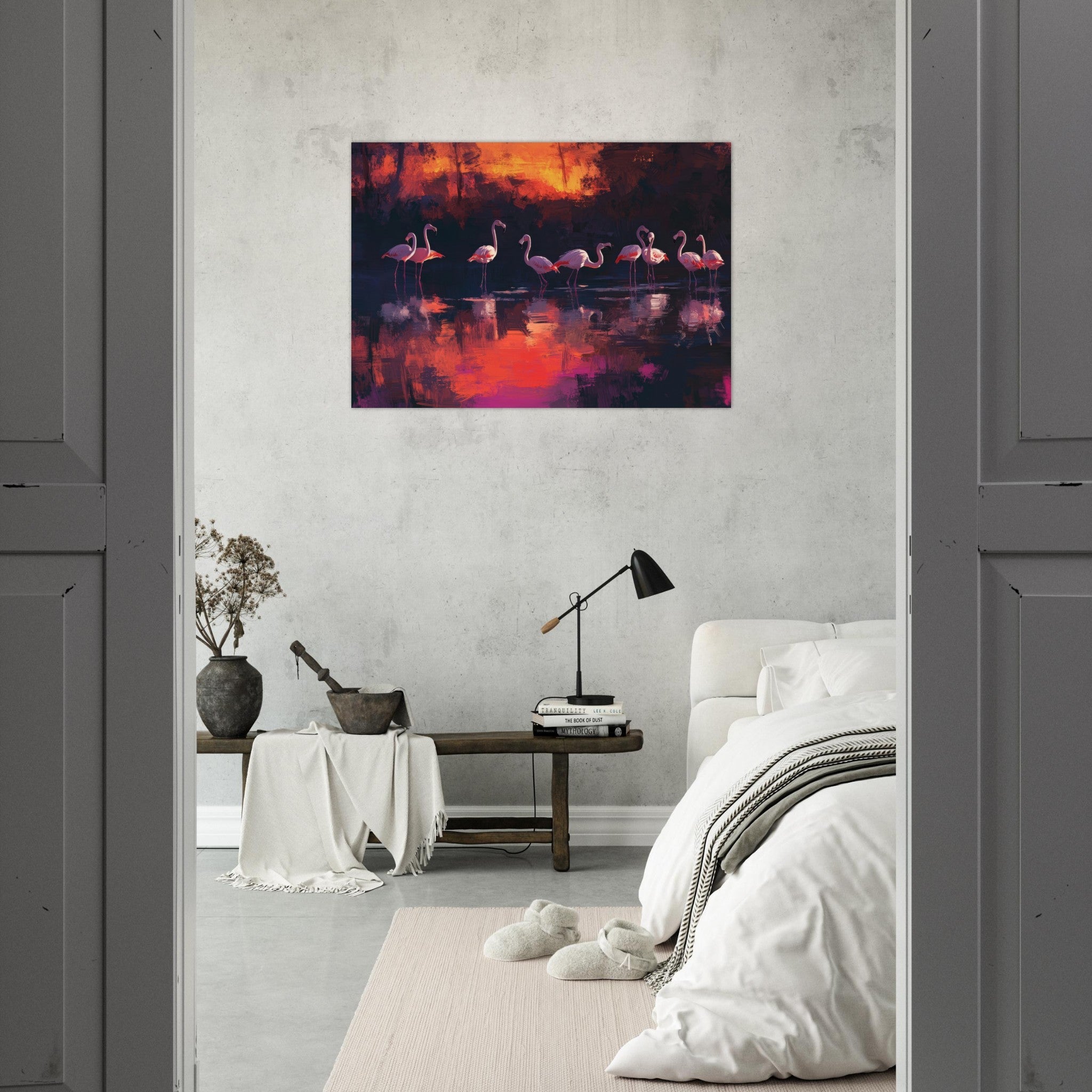 Aluminum Print Landscape - Surreal Flamingo Lake at Sunset Graceful flaming - Shop Ai Art WebShop - Digital Art online Store