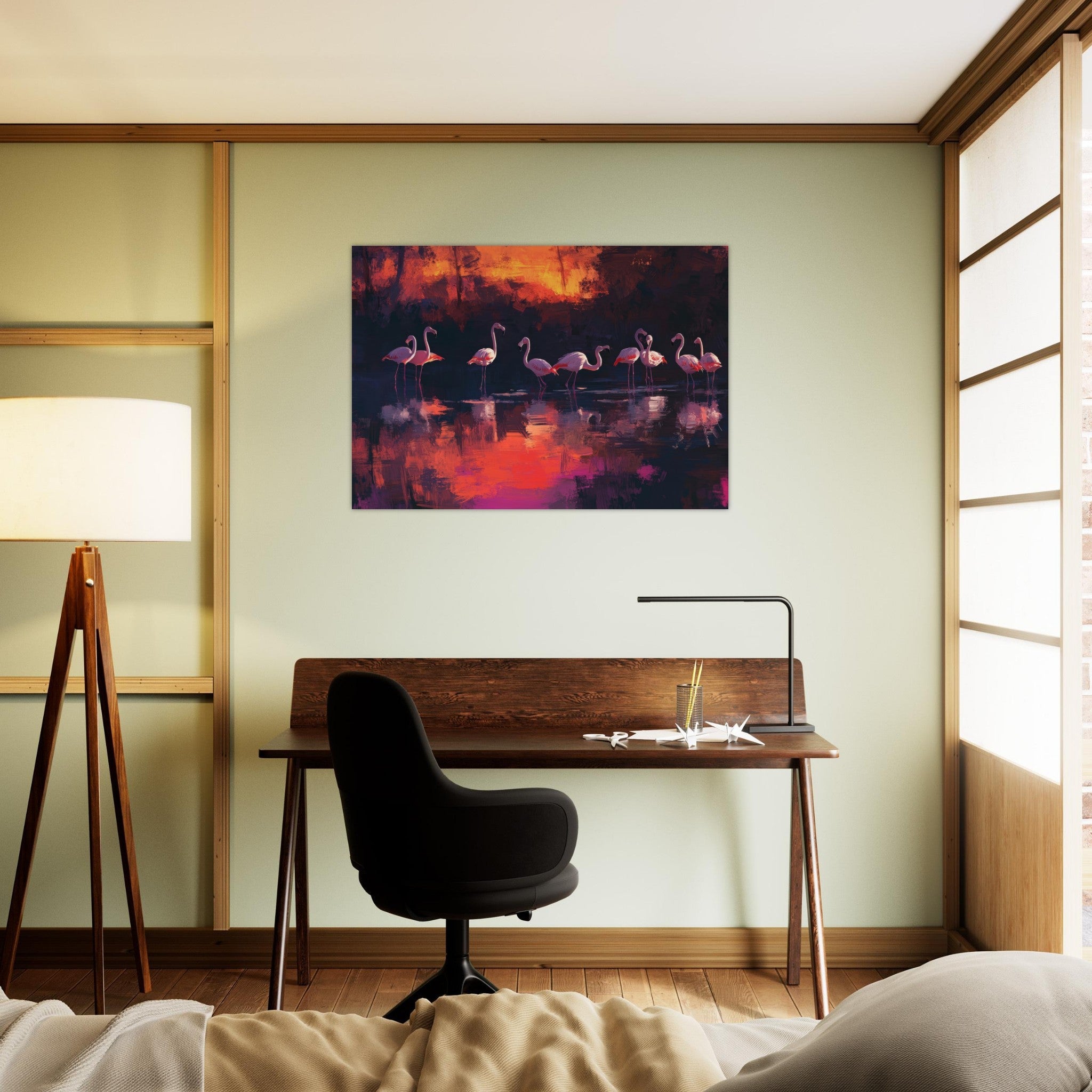Aluminum Print Landscape - Surreal Flamingo Lake at Sunset Graceful flaming - Shop Ai Art WebShop - Digital Art online Store