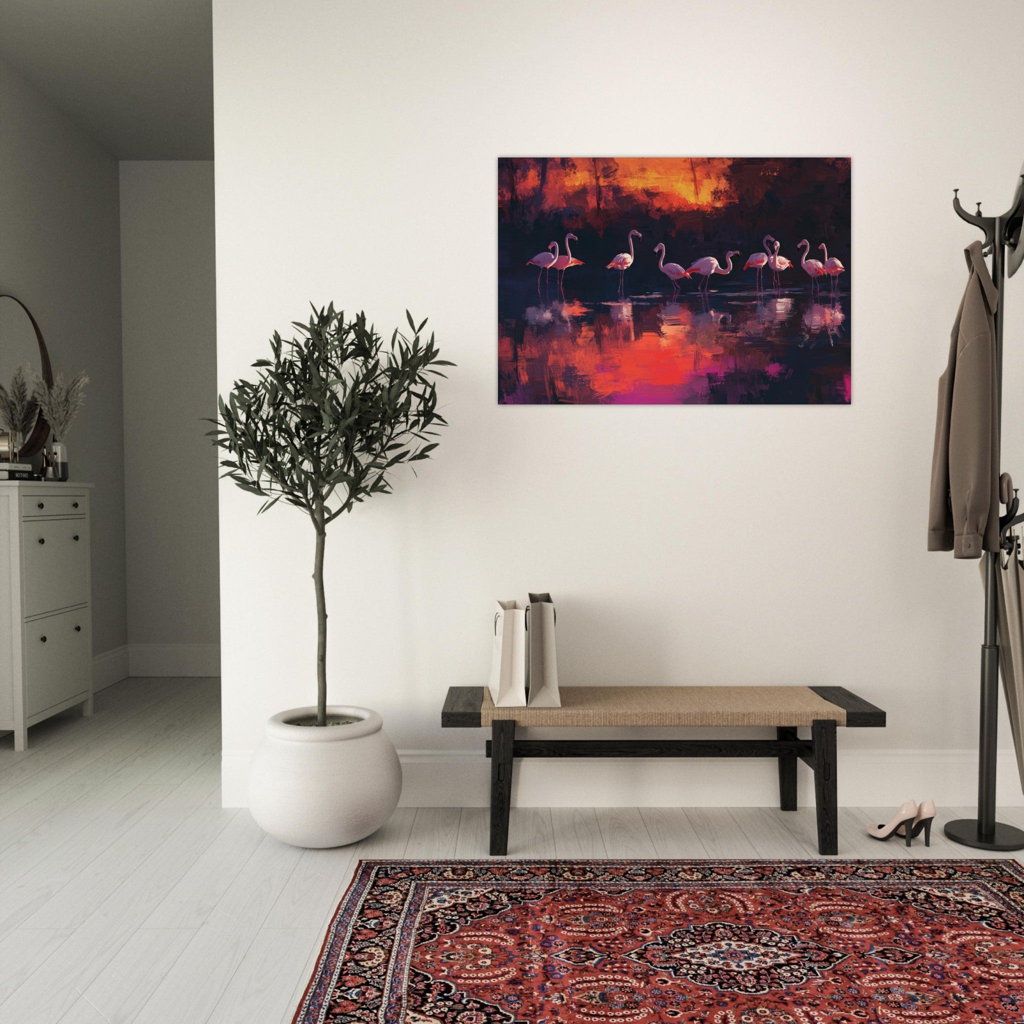Aluminum Print Landscape - Surreal Flamingo Lake at Sunset Graceful flaming - Shop Ai Art WebShop - Digital Art online Store