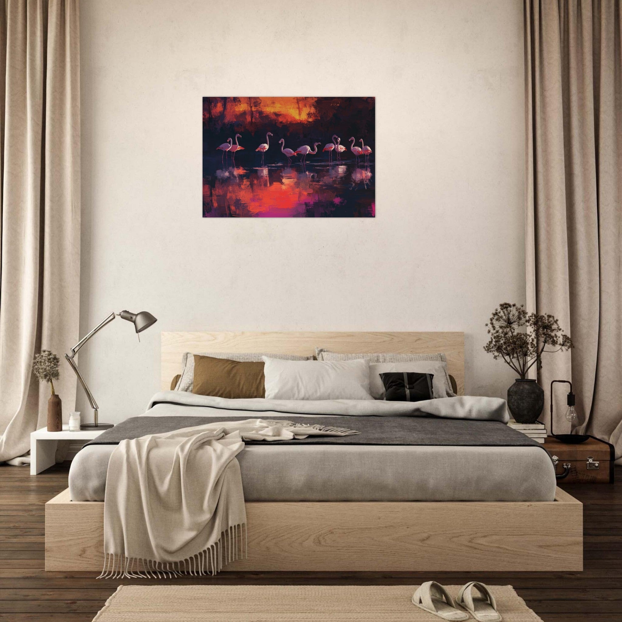 Aluminum Print Landscape - Surreal Flamingo Lake at Sunset Graceful flaming - Shop Ai Art WebShop - Digital Art online Store