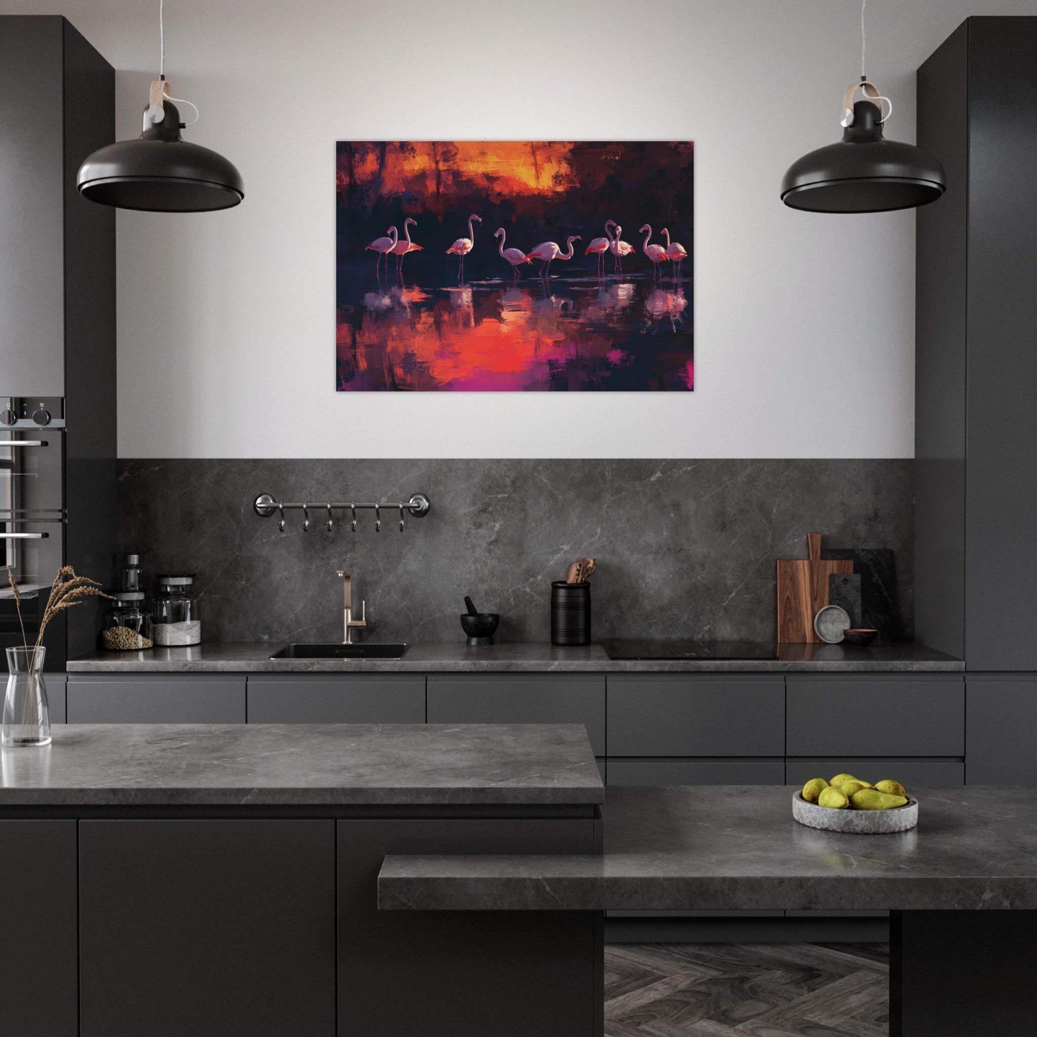 Aluminum Print Landscape - Surreal Flamingo Lake at Sunset Graceful flaming - Shop Ai Art WebShop - Digital Art online Store