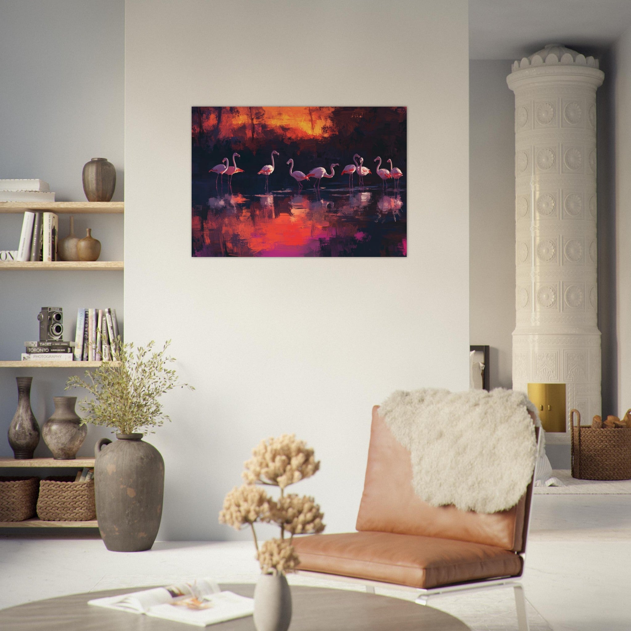 Aluminum Print Landscape - Surreal Flamingo Lake at Sunset Graceful flaming - Shop Ai Art WebShop - Digital Art online Store