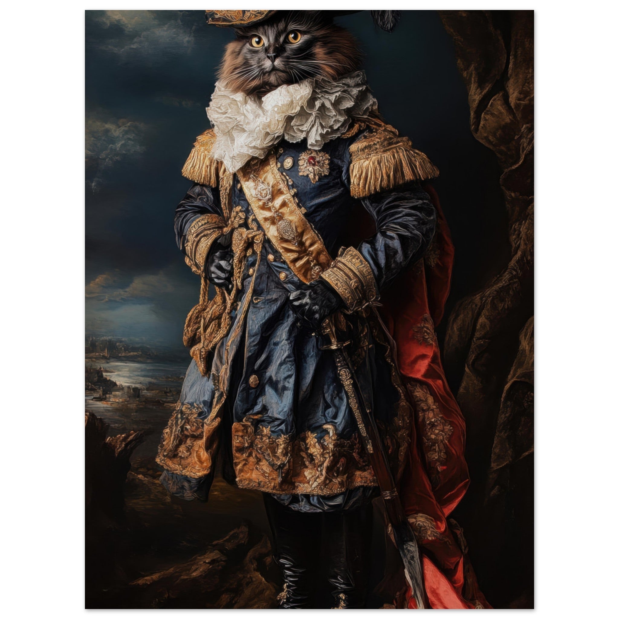 Aluminum Print Portrait - Baroque Military Commander Cat A fierce - looking 8 - Shop Ai Art WebShop - Digital Art online Store