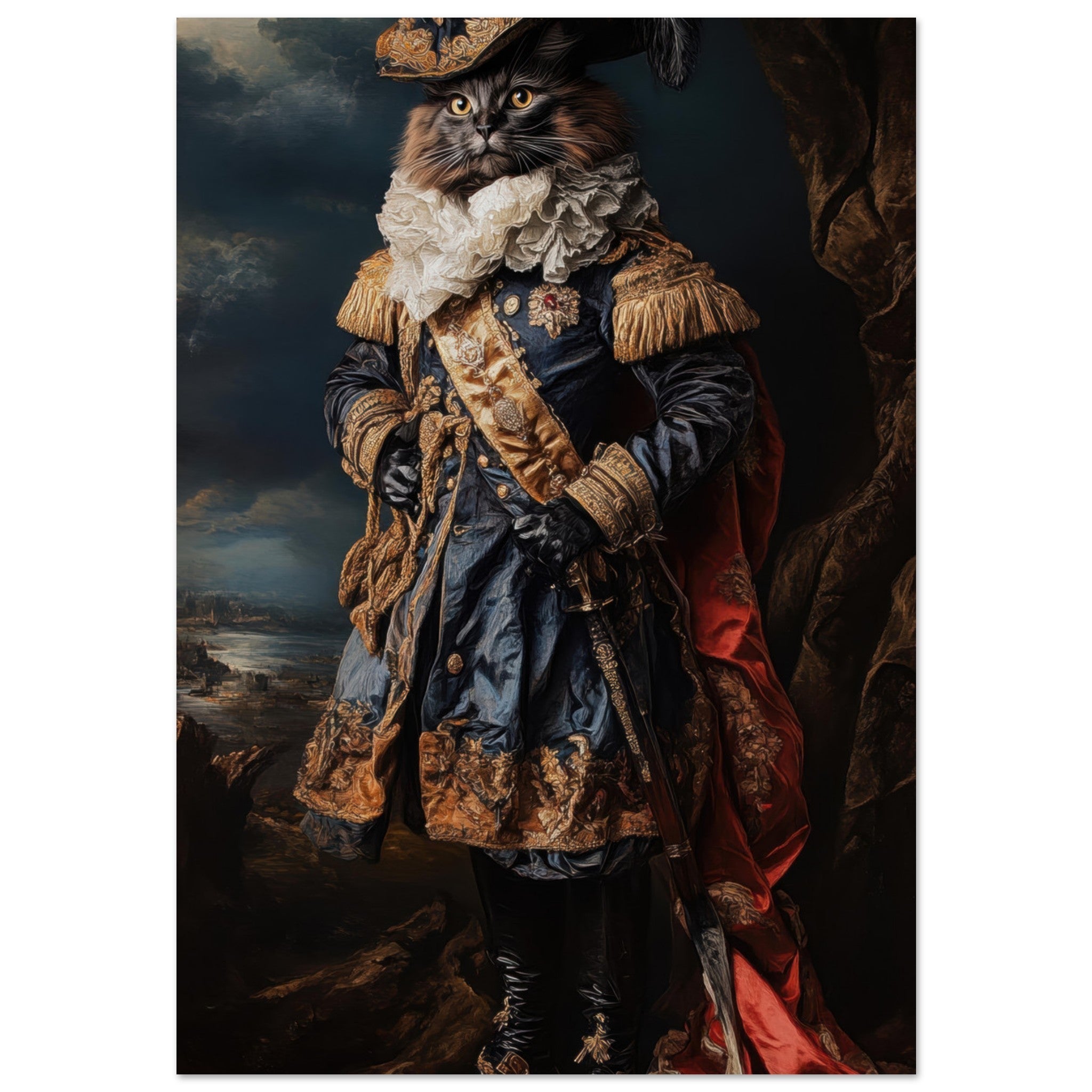 Aluminum Print Portrait - Baroque Military Commander Cat A fierce - looking 8 - Shop Ai Art WebShop - Digital Art online Store