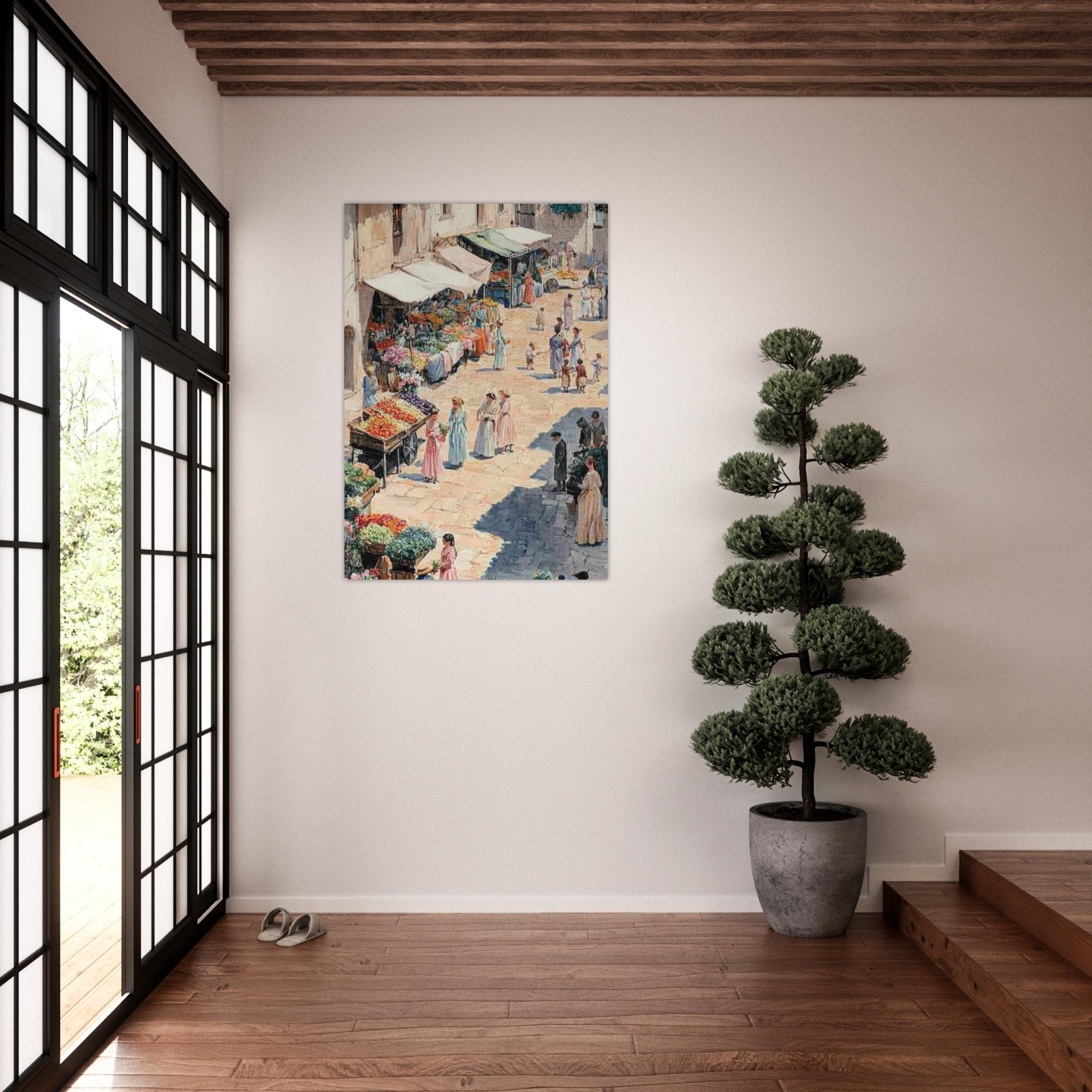 Aluminum Print Portrait - Bustling Market Scene A lively 19th - century may - Shop Ai Art WebShop - Digital Art online Store