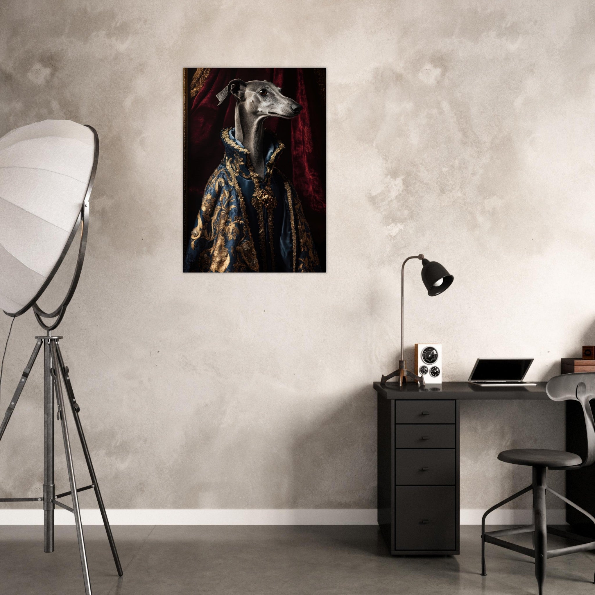 Aluminum Print Portrait - Elegant Baroque Greyhound Portrait A sleek grey 2 - Shop Ai Art WebShop - Digital Art online Store