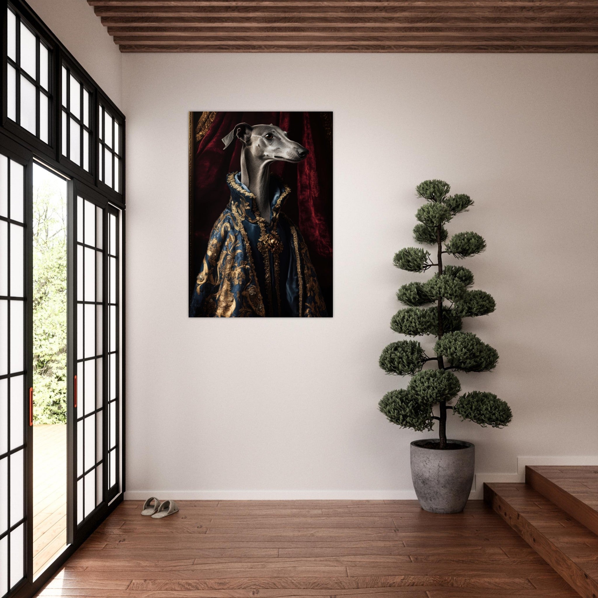 Aluminum Print Portrait - Elegant Baroque Greyhound Portrait A sleek grey 2 - Shop Ai Art WebShop - Digital Art online Store