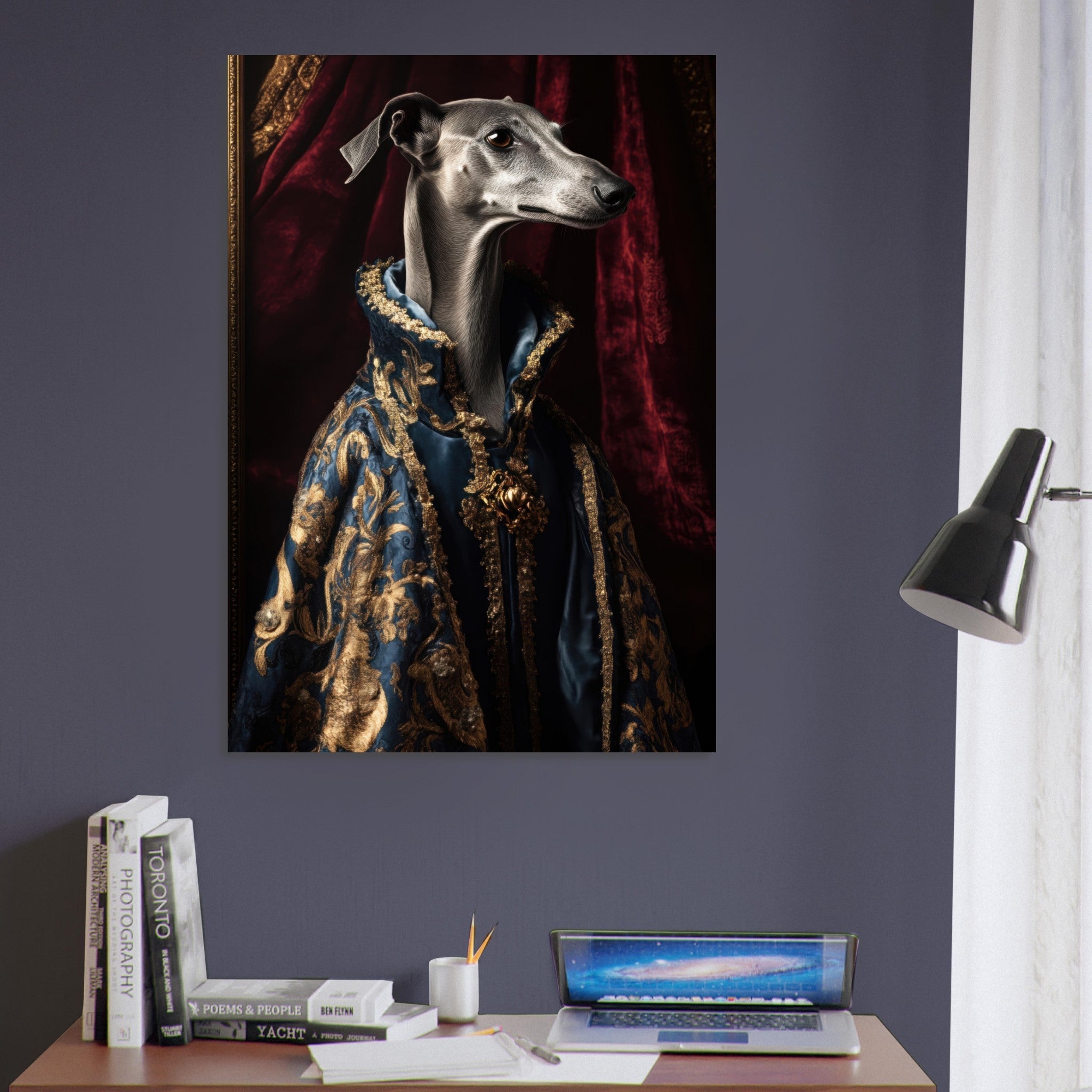 Aluminum Print Portrait - Elegant Baroque Greyhound Portrait A sleek grey 2 - Shop Ai Art WebShop - Digital Art online Store