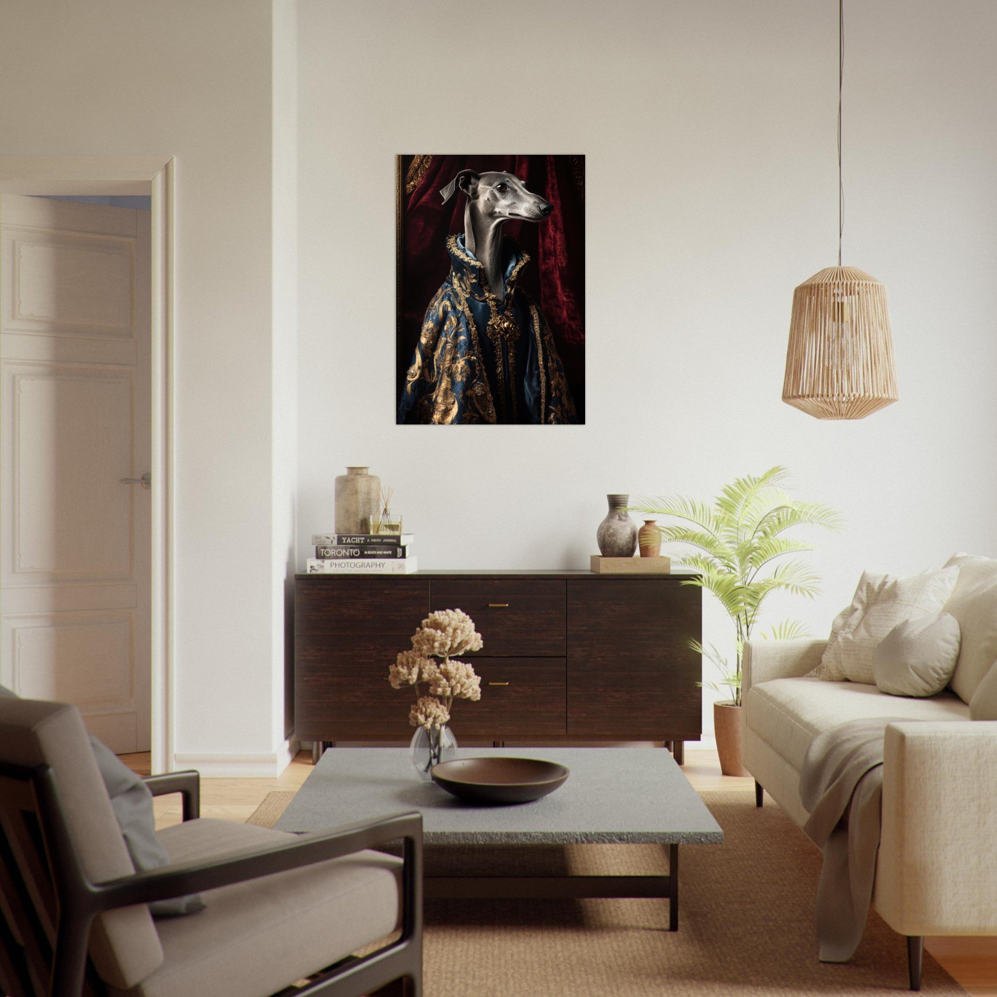 Aluminum Print Portrait - Elegant Baroque Greyhound Portrait A sleek grey 2 - Shop Ai Art WebShop - Digital Art online Store