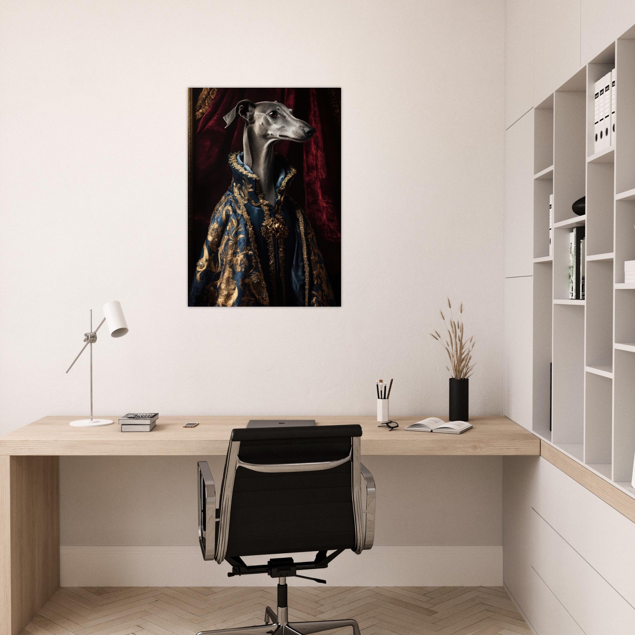 Aluminum Print Portrait - Elegant Baroque Greyhound Portrait A sleek grey 2 - Shop Ai Art WebShop - Digital Art online Store