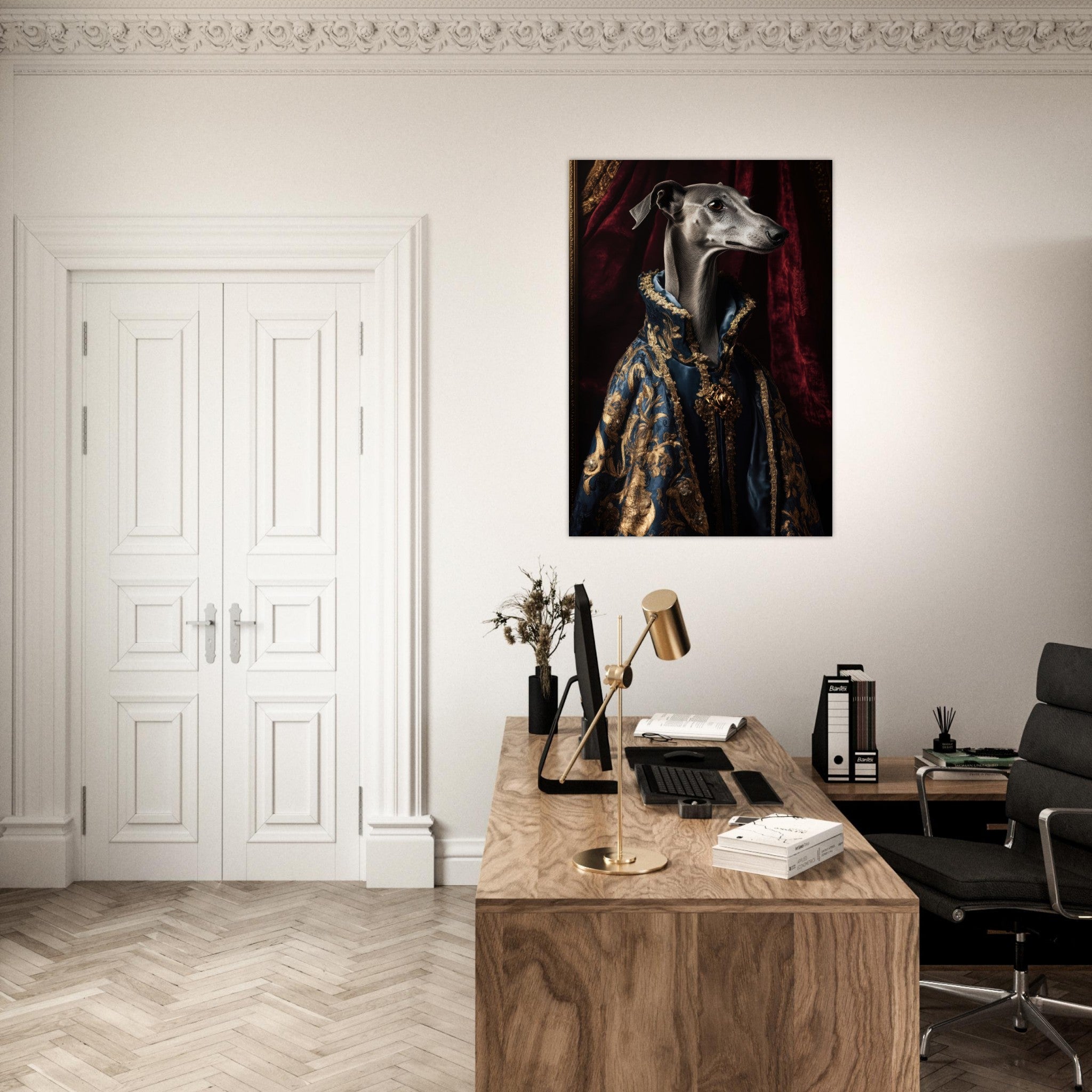Aluminum Print Portrait - Elegant Baroque Greyhound Portrait A sleek grey 2 - Shop Ai Art WebShop - Digital Art online Store