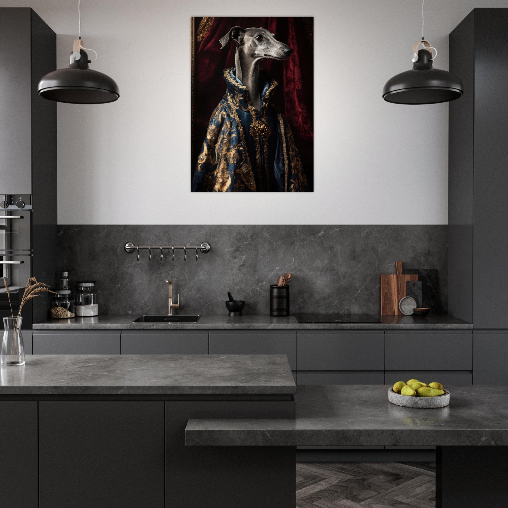 Aluminum Print Portrait - Elegant Baroque Greyhound Portrait A sleek grey 2 - Shop Ai Art WebShop - Digital Art online Store