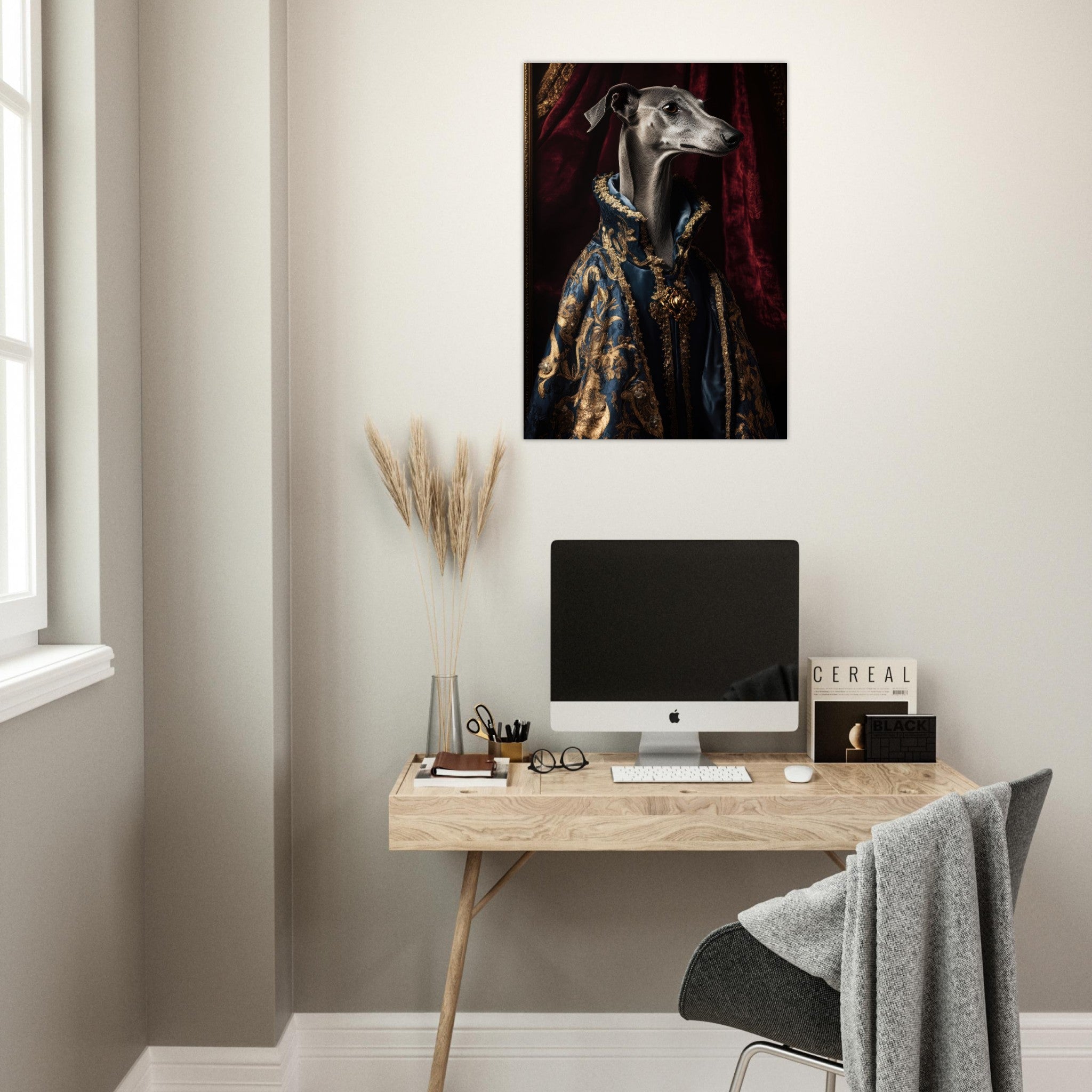 Aluminum Print Portrait - Elegant Baroque Greyhound Portrait A sleek grey 2 - Shop Ai Art WebShop - Digital Art online Store