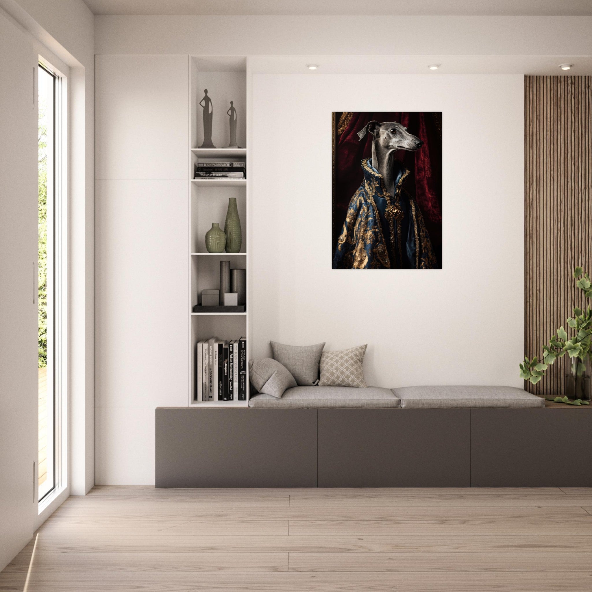 Aluminum Print Portrait - Elegant Baroque Greyhound Portrait A sleek grey 2 - Shop Ai Art WebShop - Digital Art online Store