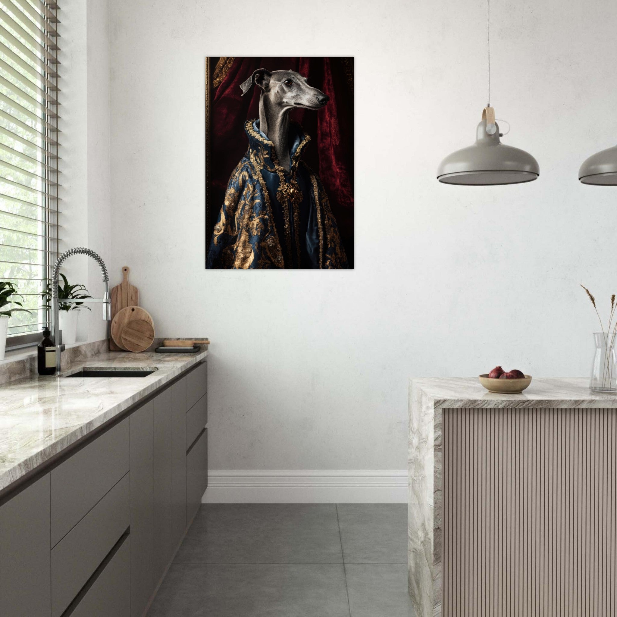 Aluminum Print Portrait - Elegant Baroque Greyhound Portrait A sleek grey 2 - Shop Ai Art WebShop - Digital Art online Store