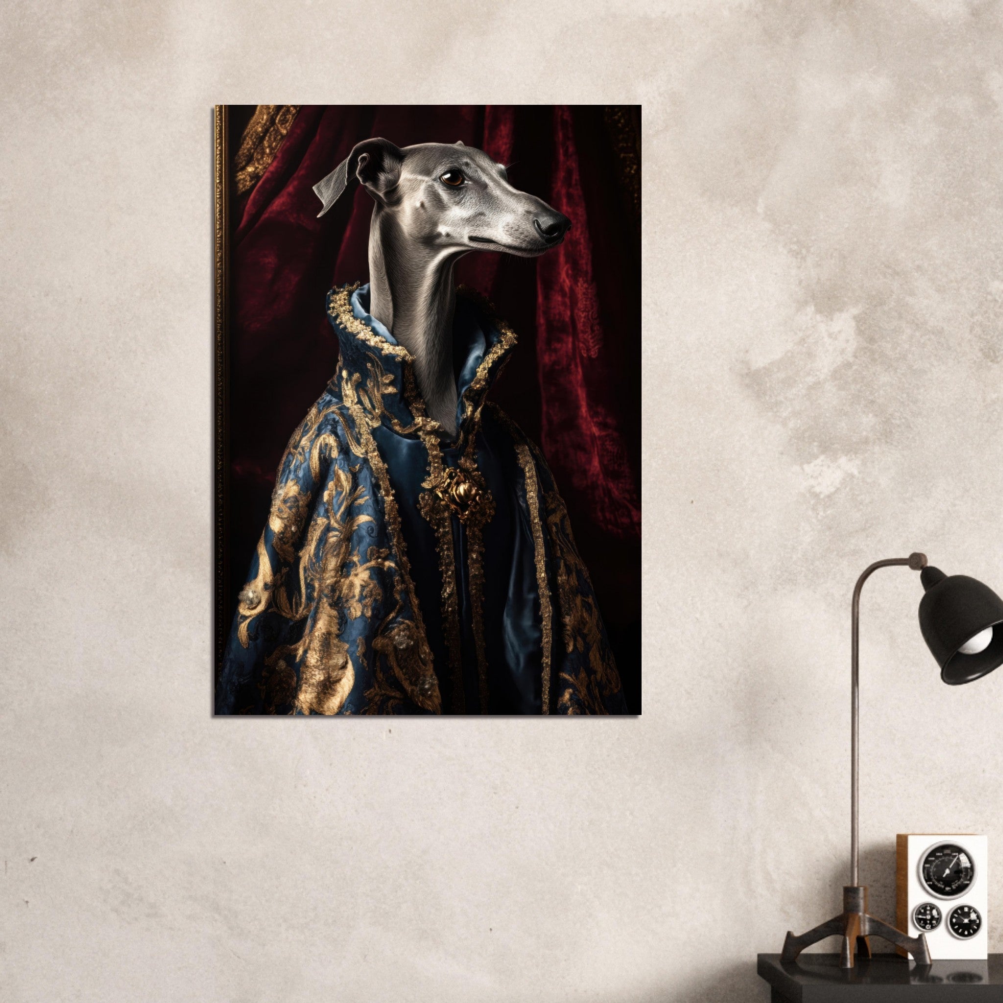Aluminum Print Portrait - Elegant Baroque Greyhound Portrait A sleek grey 2 - Shop Ai Art WebShop - Digital Art online Store
