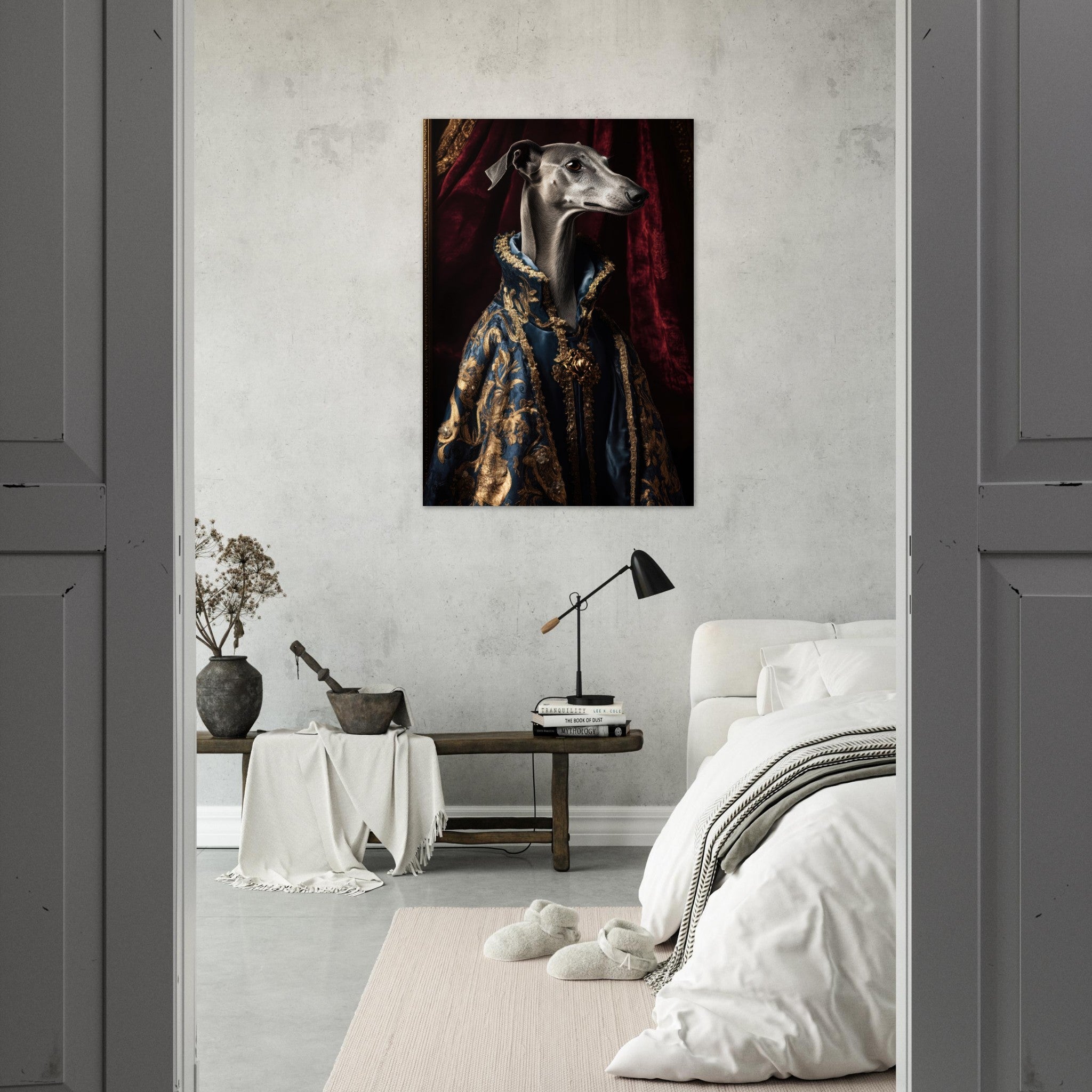 Aluminum Print Portrait - Elegant Baroque Greyhound Portrait A sleek grey 2 - Shop Ai Art WebShop - Digital Art online Store