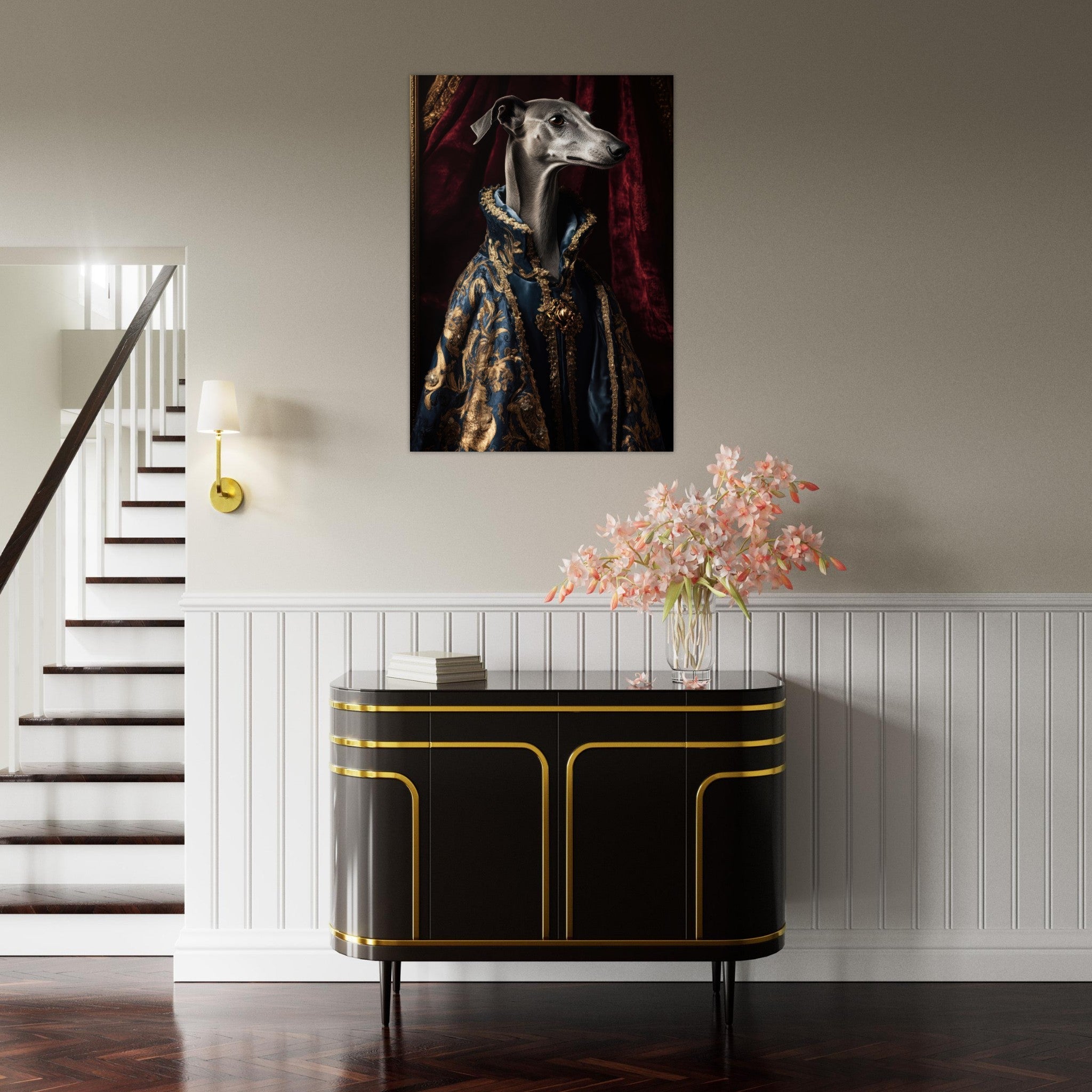 Aluminum Print Portrait - Elegant Baroque Greyhound Portrait A sleek grey 2 - Shop Ai Art WebShop - Digital Art online Store