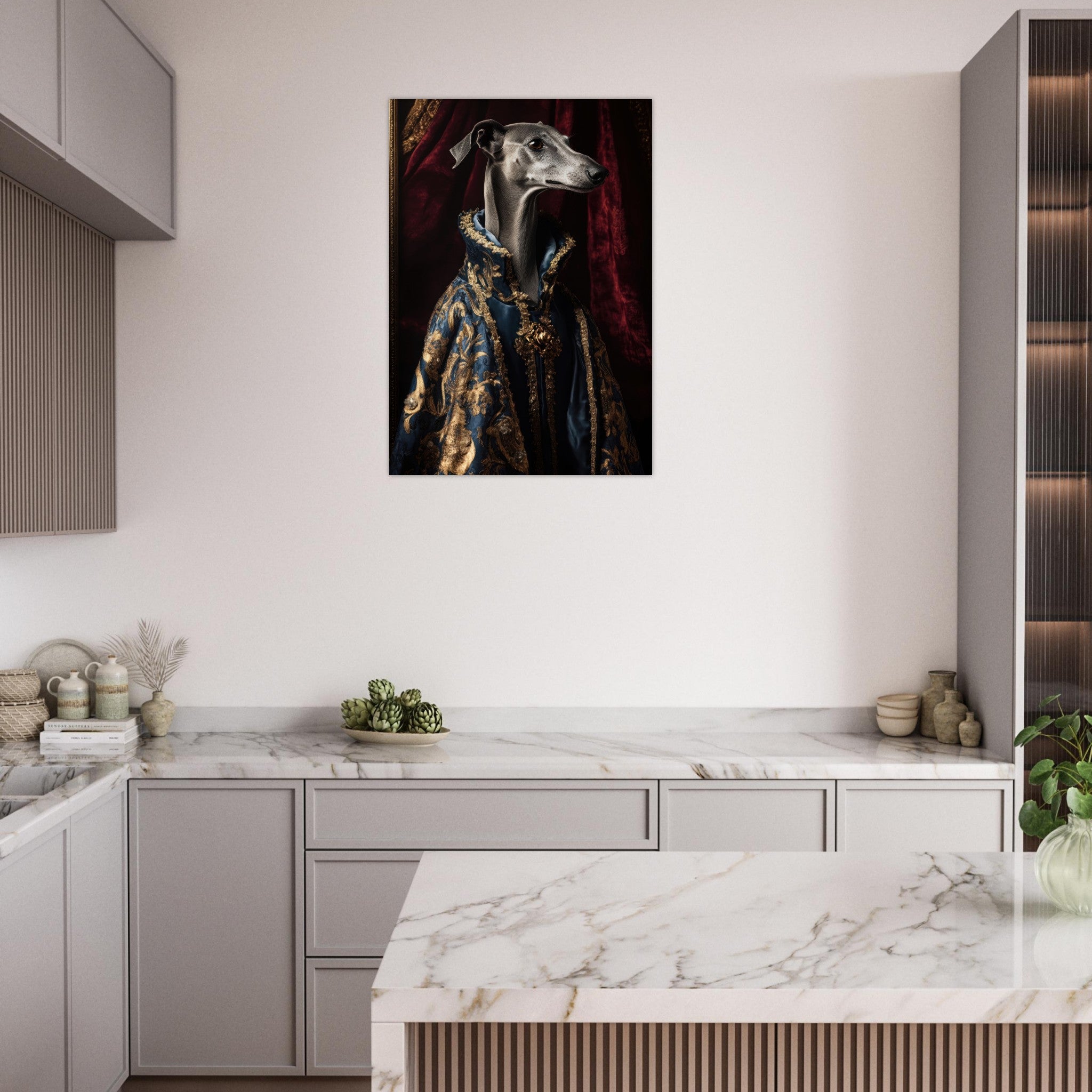 Aluminum Print Portrait - Elegant Baroque Greyhound Portrait A sleek grey 2 - Shop Ai Art WebShop - Digital Art online Store