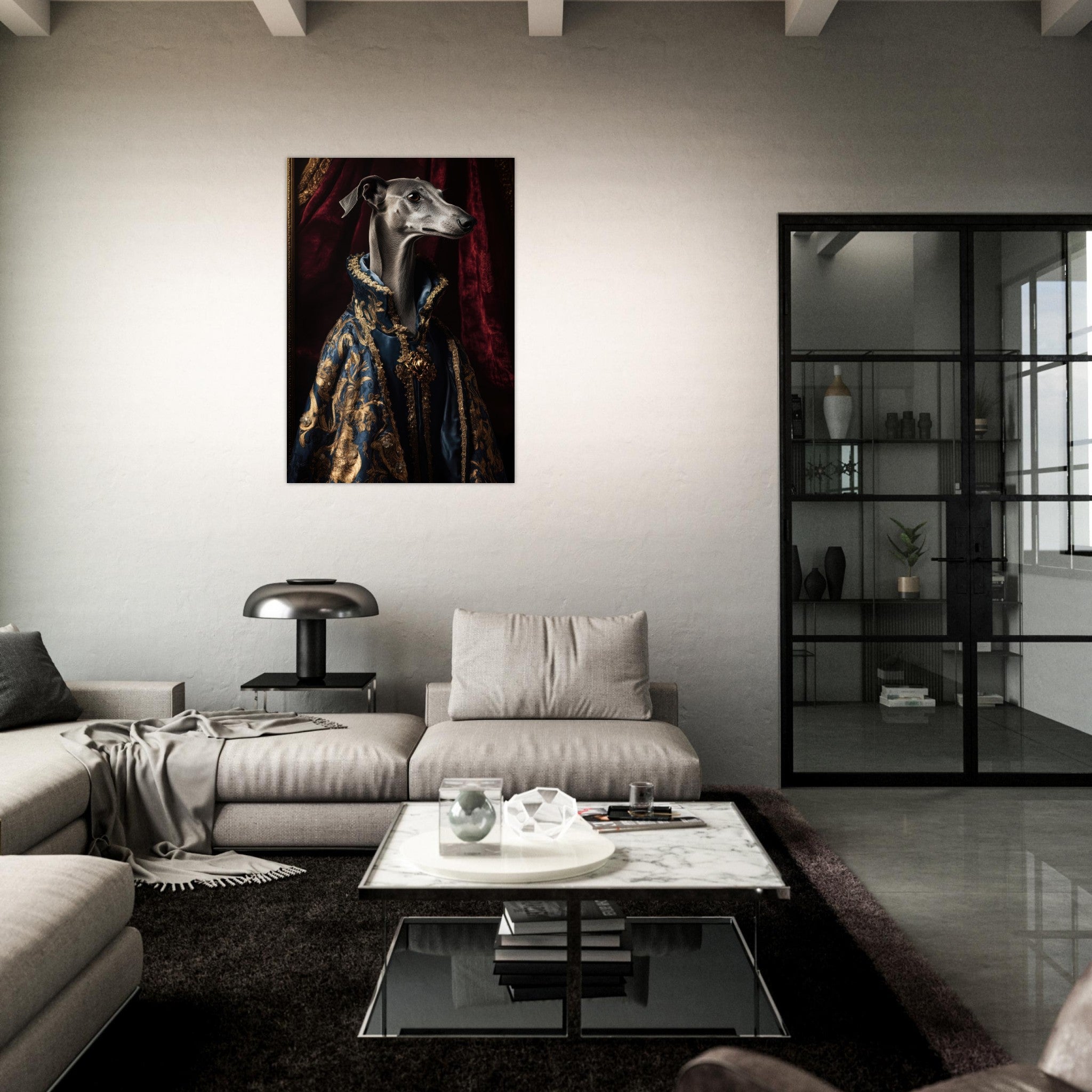 Aluminum Print Portrait - Elegant Baroque Greyhound Portrait A sleek grey 2 - Shop Ai Art WebShop - Digital Art online Store