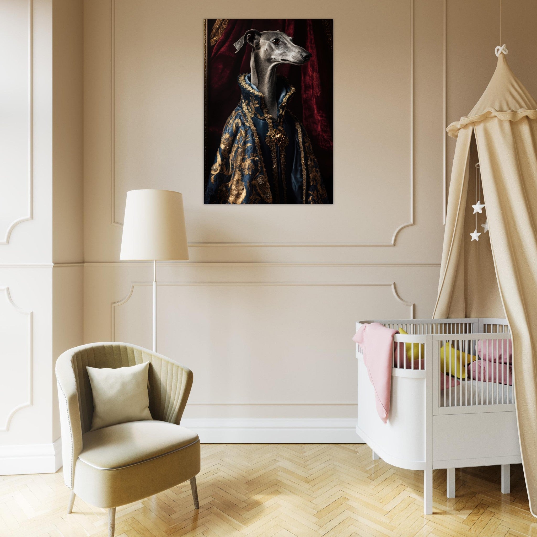 Aluminum Print Portrait - Elegant Baroque Greyhound Portrait A sleek grey 2 - Shop Ai Art WebShop - Digital Art online Store