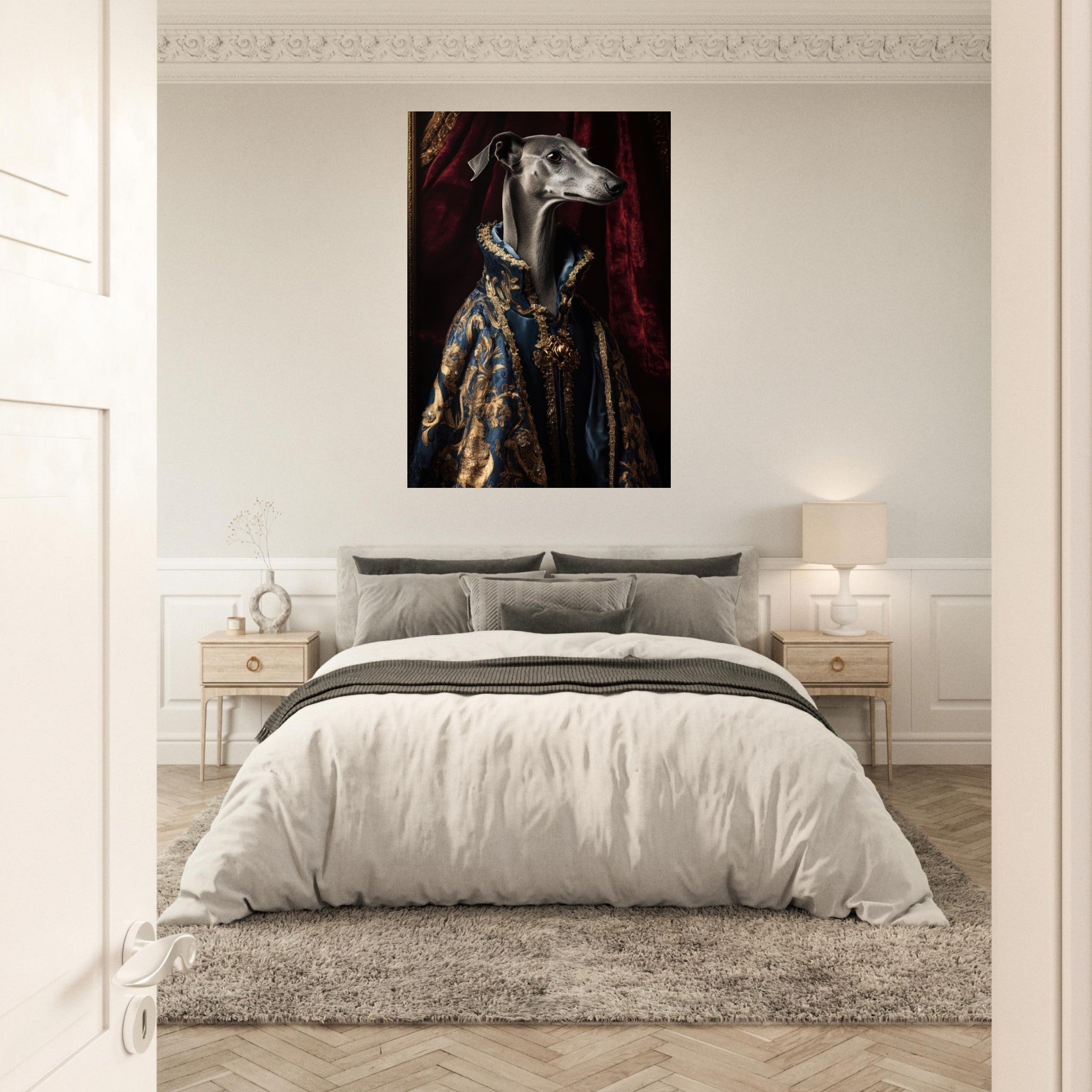 Aluminum Print Portrait - Elegant Baroque Greyhound Portrait A sleek grey 2 - Shop Ai Art WebShop - Digital Art online Store