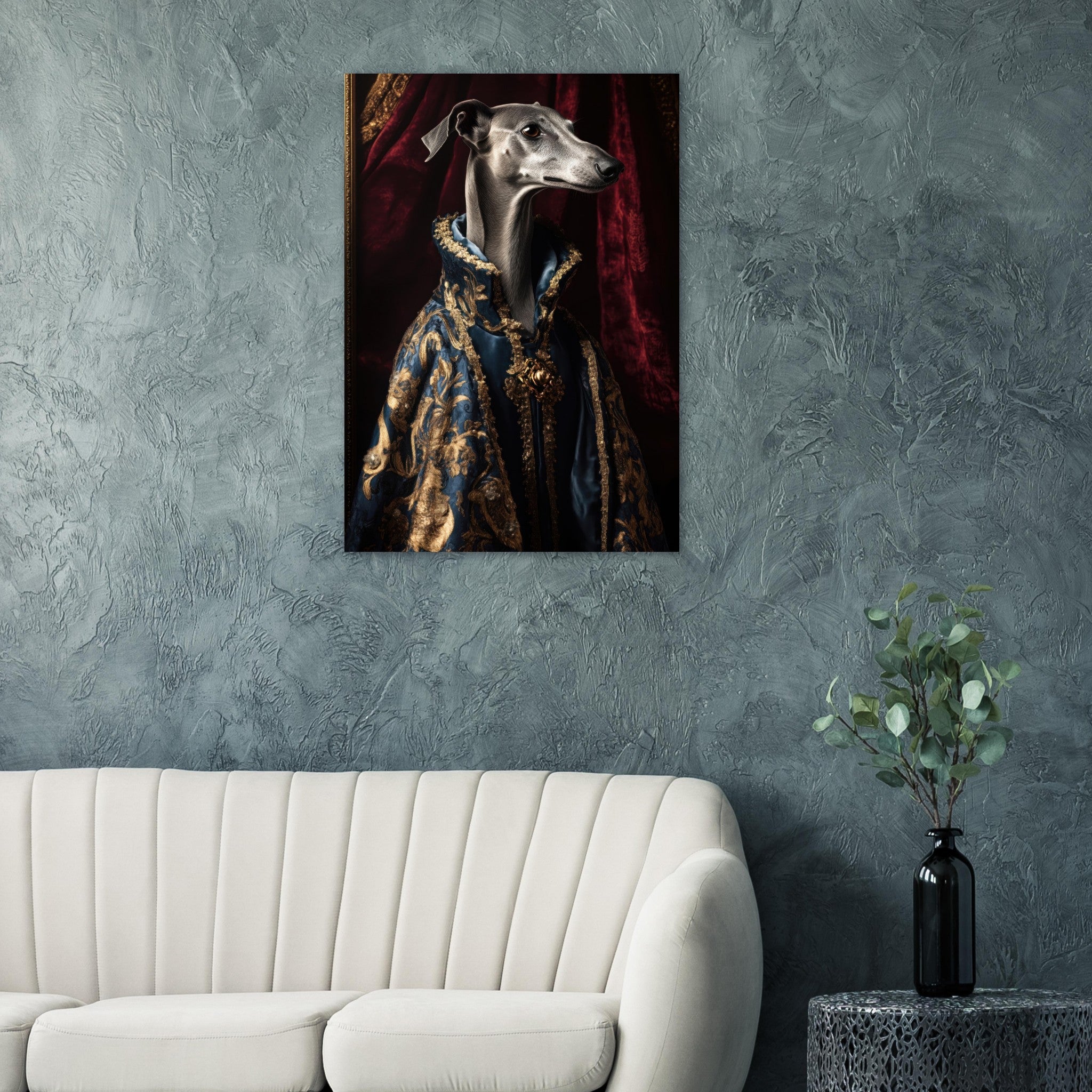 Aluminum Print Portrait - Elegant Baroque Greyhound Portrait A sleek grey 2 - Shop Ai Art WebShop - Digital Art online Store