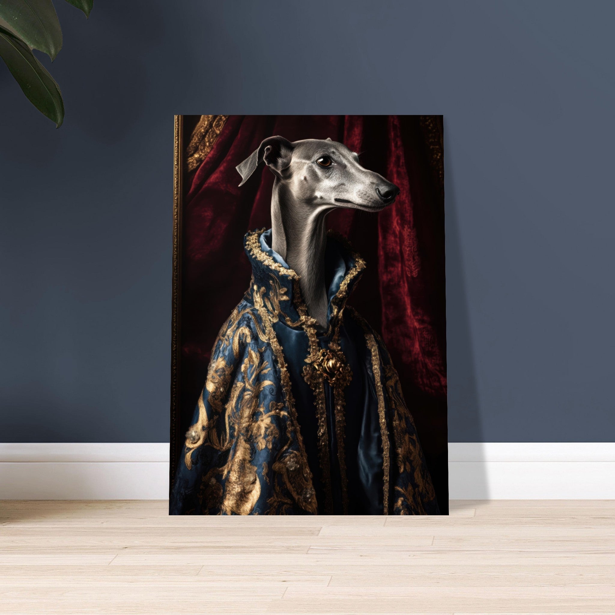 Aluminum Print Portrait - Elegant Baroque Greyhound Portrait A sleek grey 2 - Shop Ai Art WebShop - Digital Art online Store